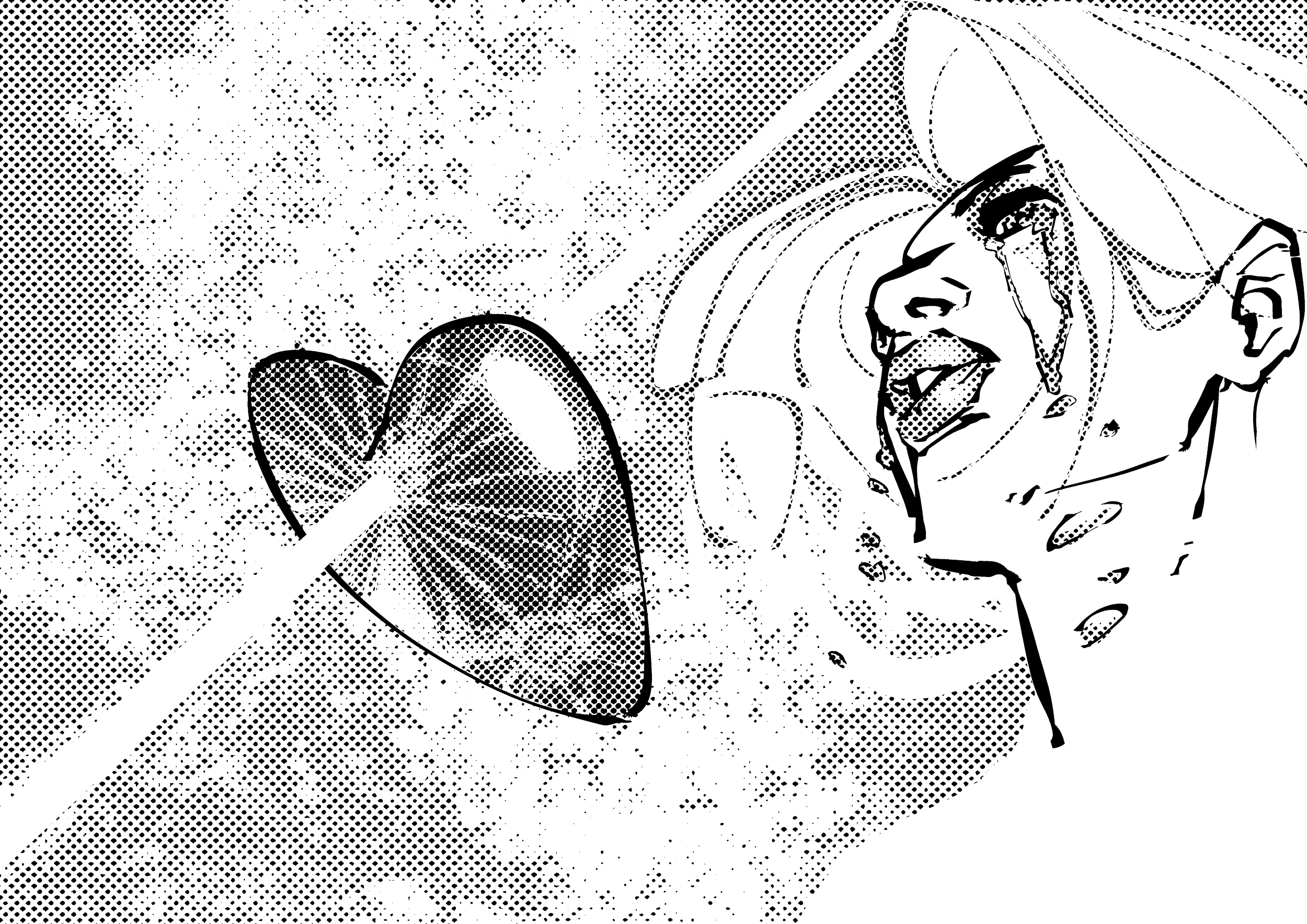 Line drawing of a person holding a vacuum cleaner, with the vacuum cleaner's cord wrapped around their arm, in a monochrome dotted style.