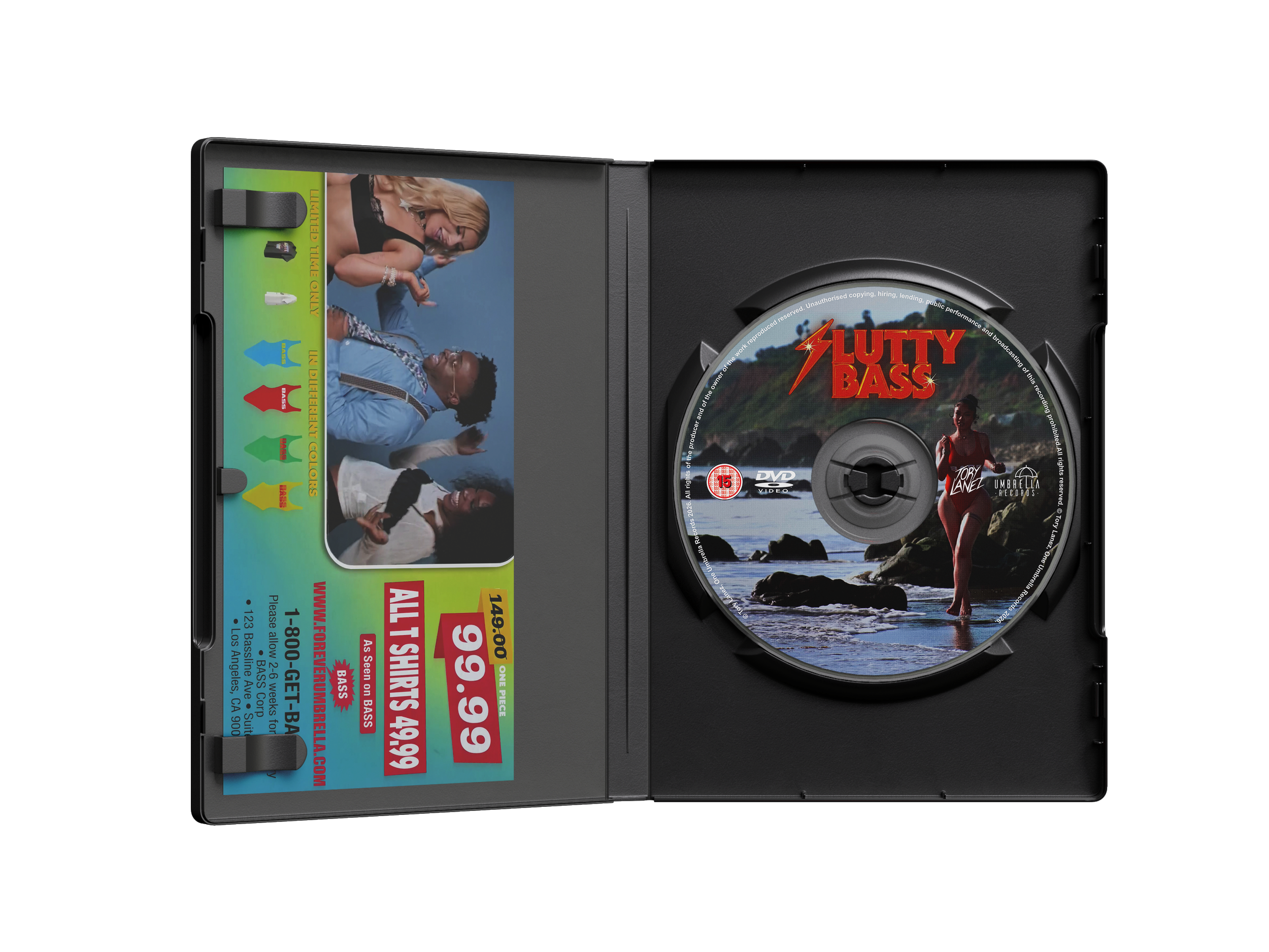 Open DVD case with a disc labeled "LUTTY BASS" featuring a woman in red swimsuit on a rocky beach and two people in conversation, with an advertisement insert for bass guitars.