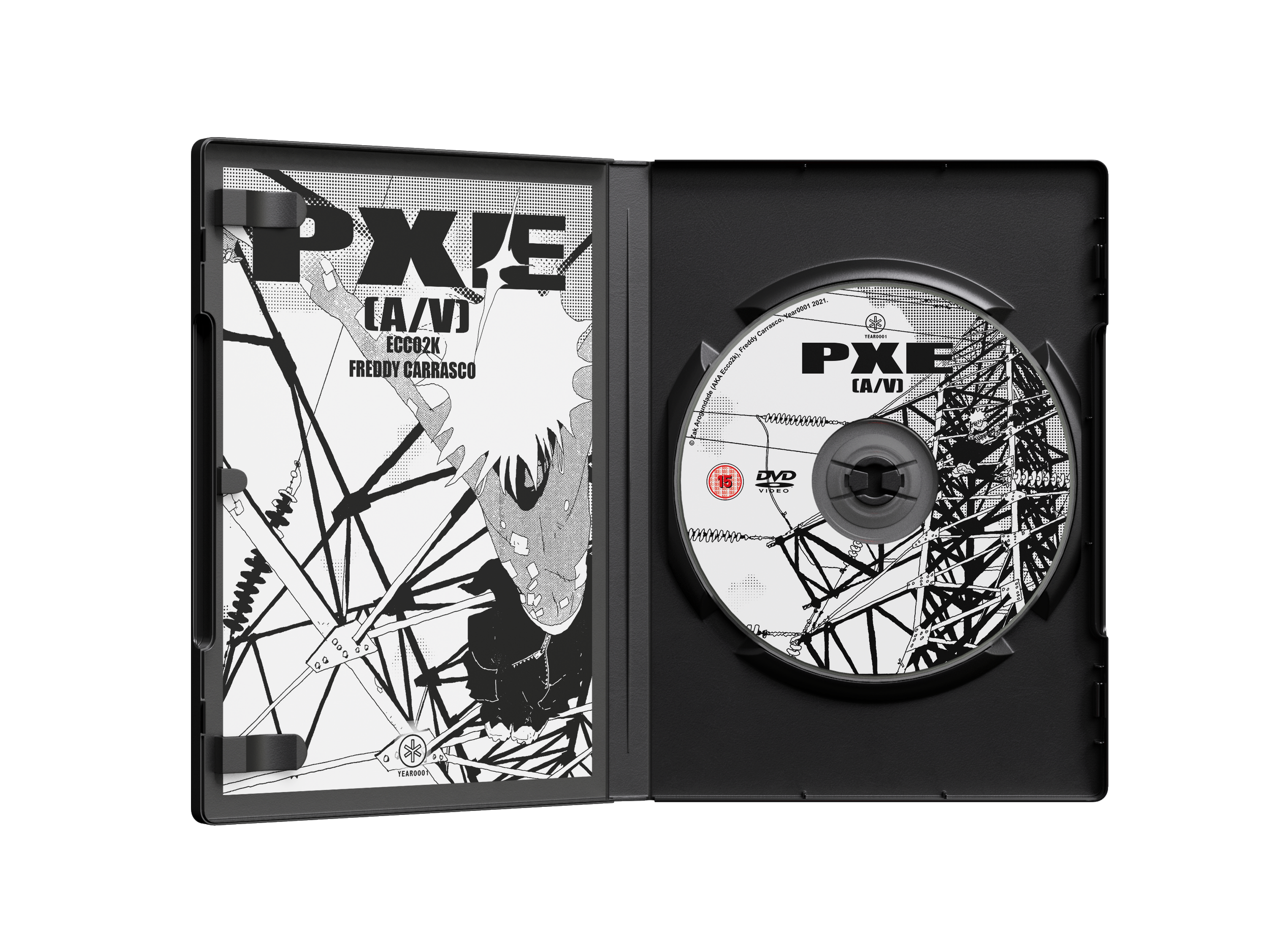 Open DVD case with black and white artwork featuring abstract illustrations and text, revealing a DVD inside.
