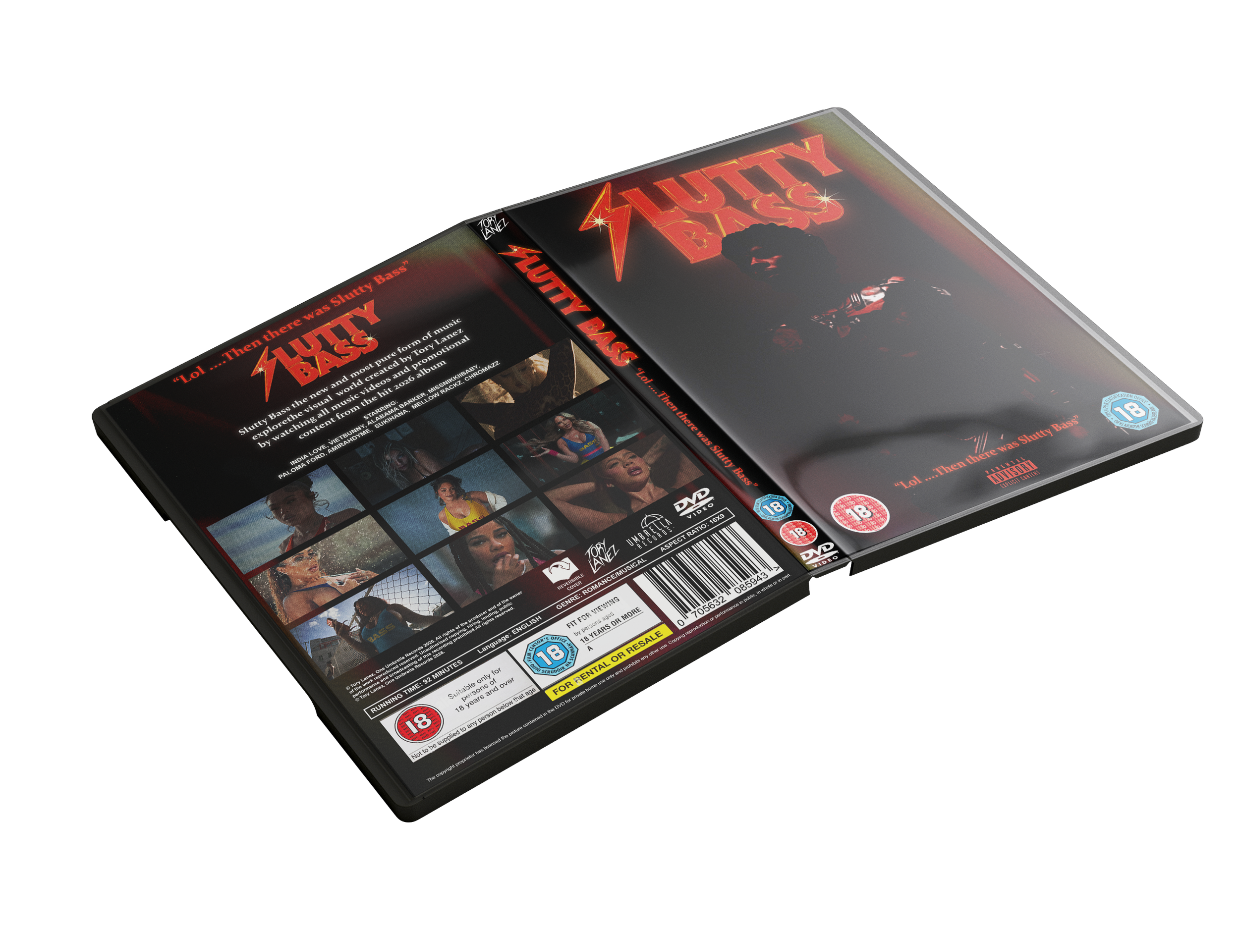 DVD case for the movie "Slutty Basz" with a dark cover featuring an illustrated woman and a neon-style title text, along with age rating and other product information.
