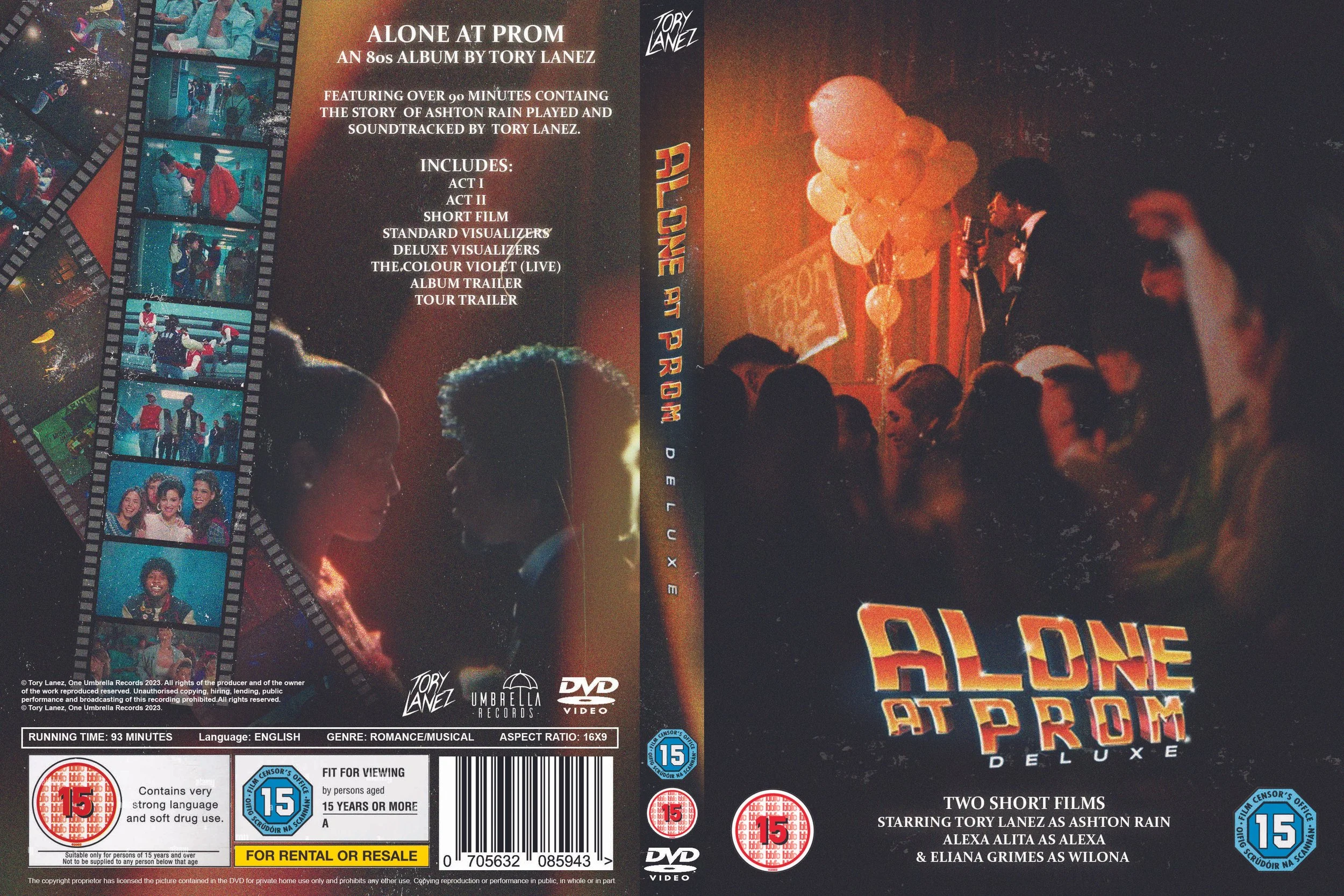 A DVD cover titled 'Alone at Prom,' featuring images of people at a prom event, with some scenes including balloons and group interactions at night. The cover mentions it is an 80s album by Tory Lanez, containing story segments and music performances. It also indicates the DVD includes two short films starring Tory Lanez, Alexa Alita, and Elana Grimes. The cover has age restriction labels and legal notices.