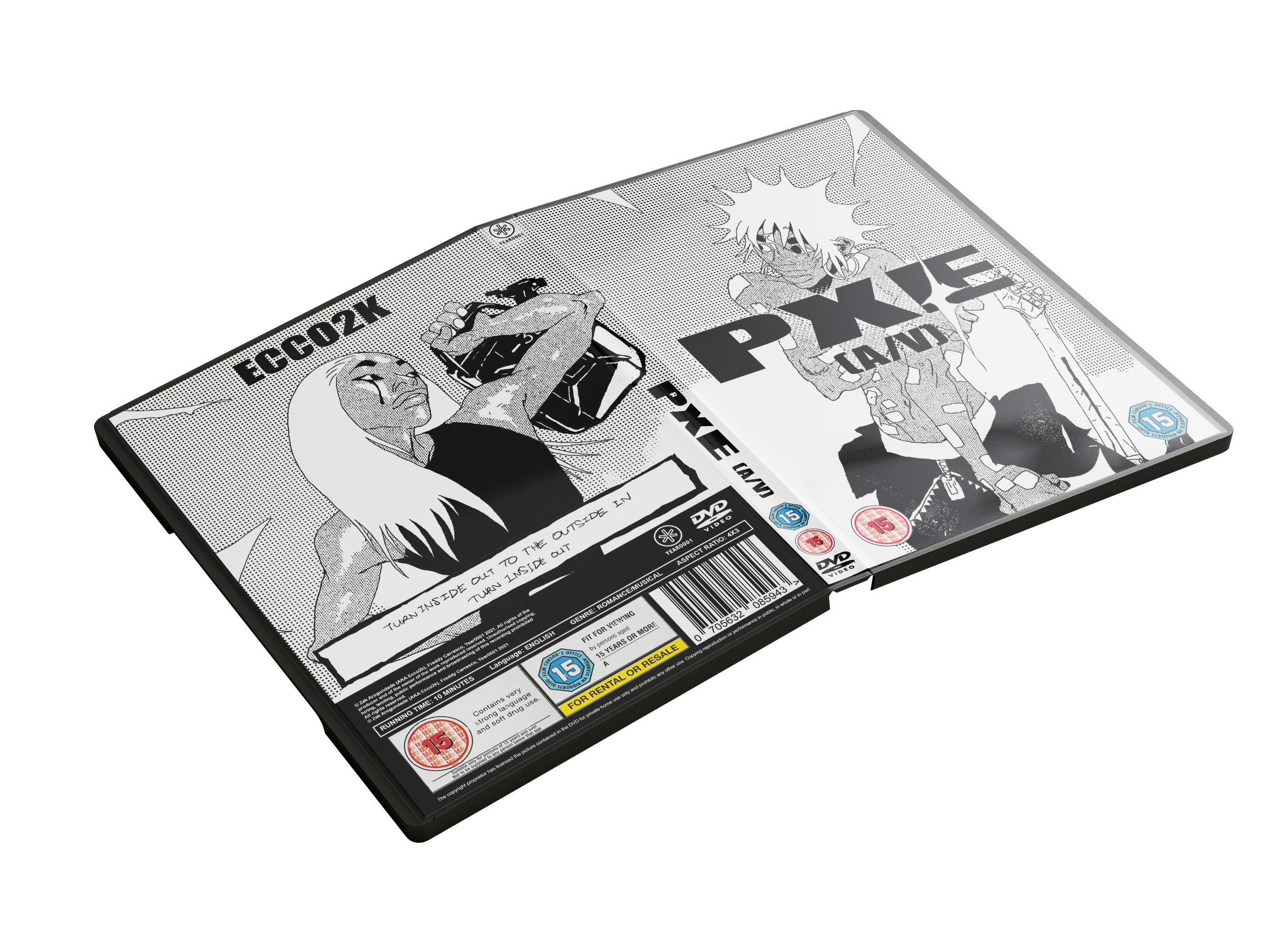 Black and white illustrated DVD cover featuring animated characters, with text "PFX" and age rating symbols, along with technical details and a barcode.