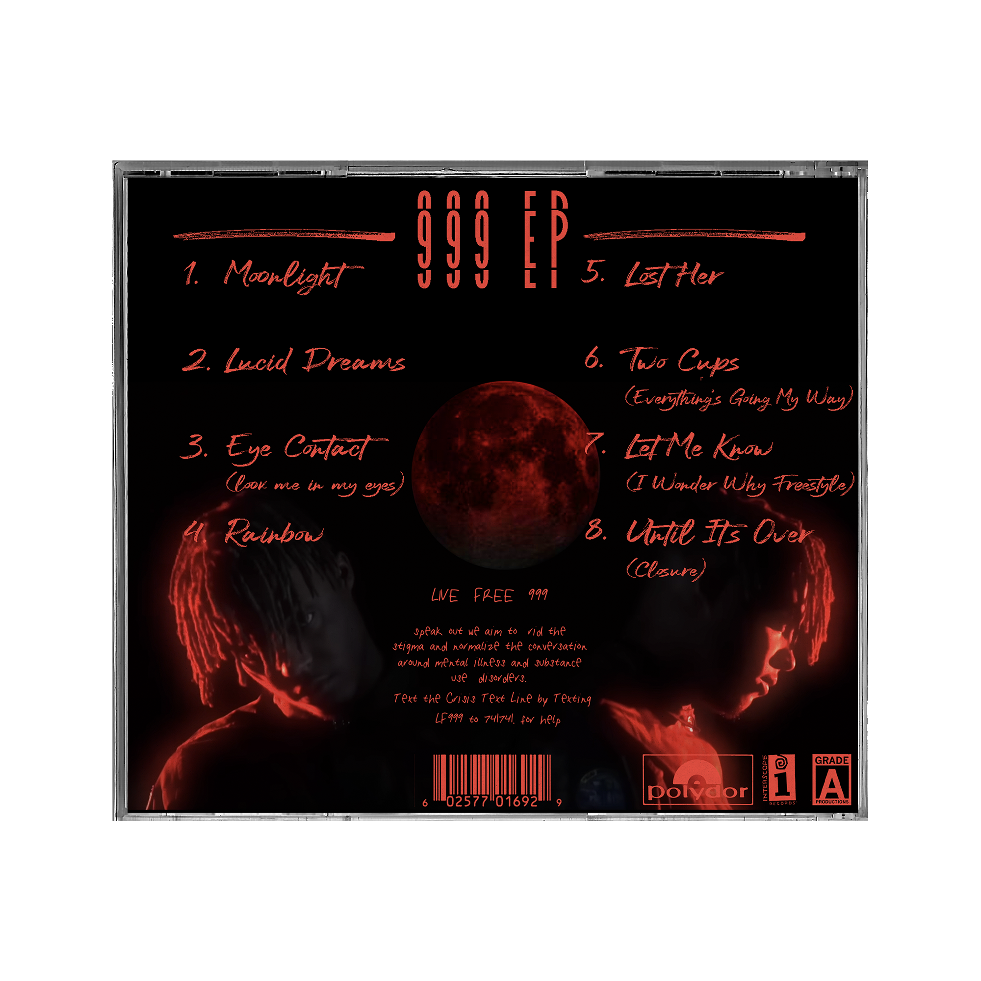 Back cover of a music album titled '999 EP' with a red moon illustration and tracklist in red handwritten style on a black background.