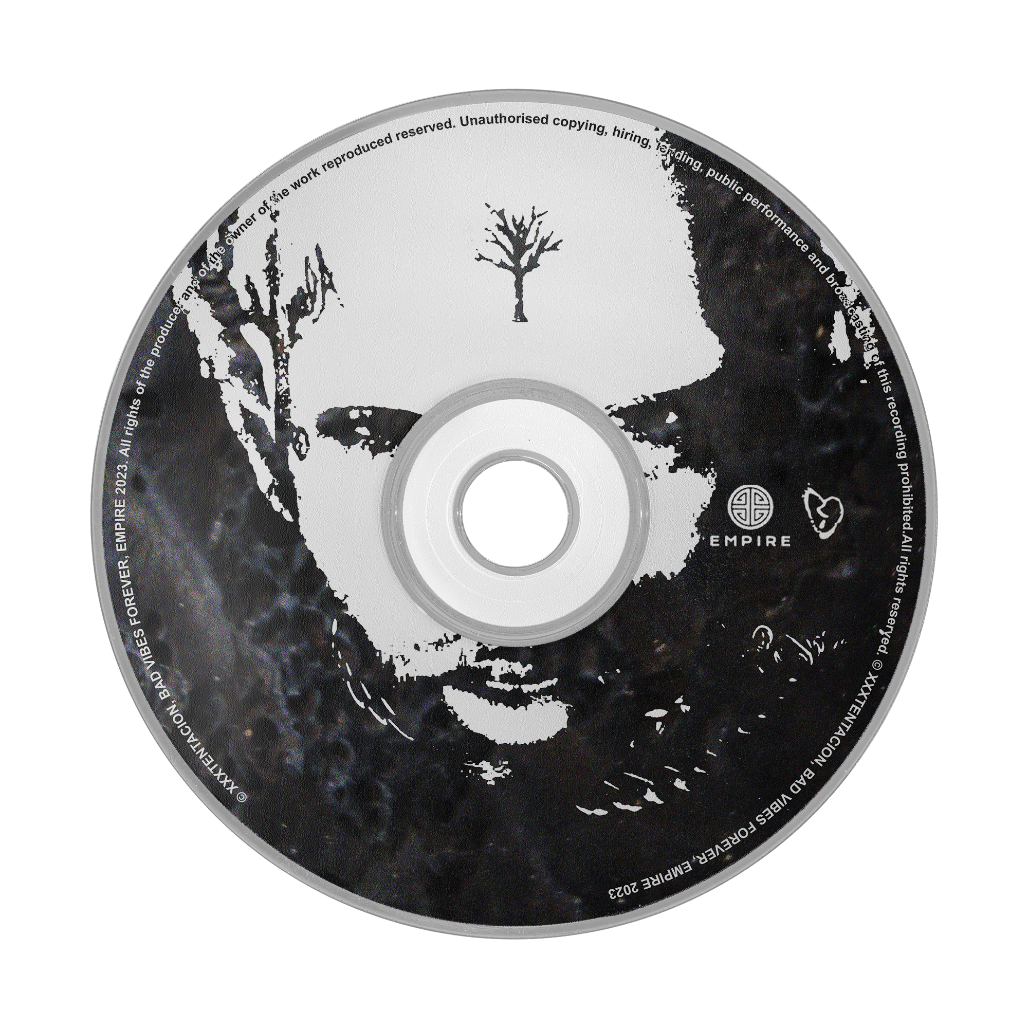 Close-up of a black and white CD with a skull design and text around the edge.