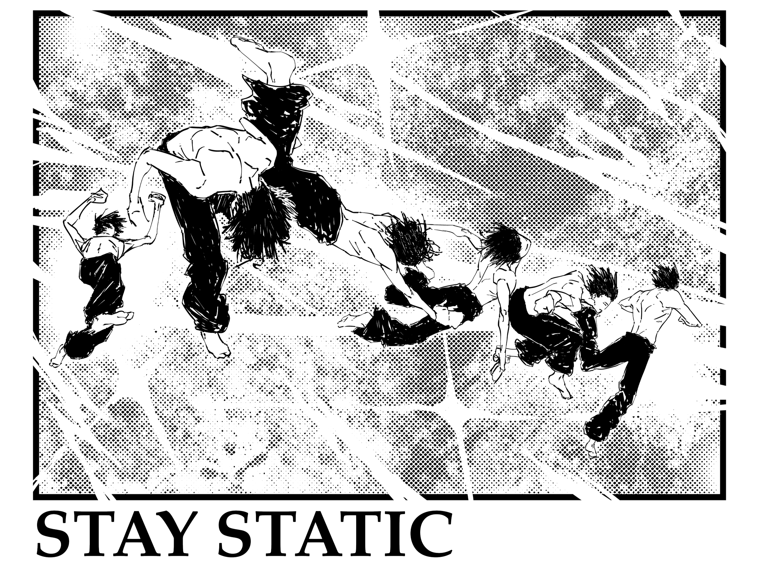 A black poster with line art illustrations of military figures and the text 'Stay Static' at the bottom.