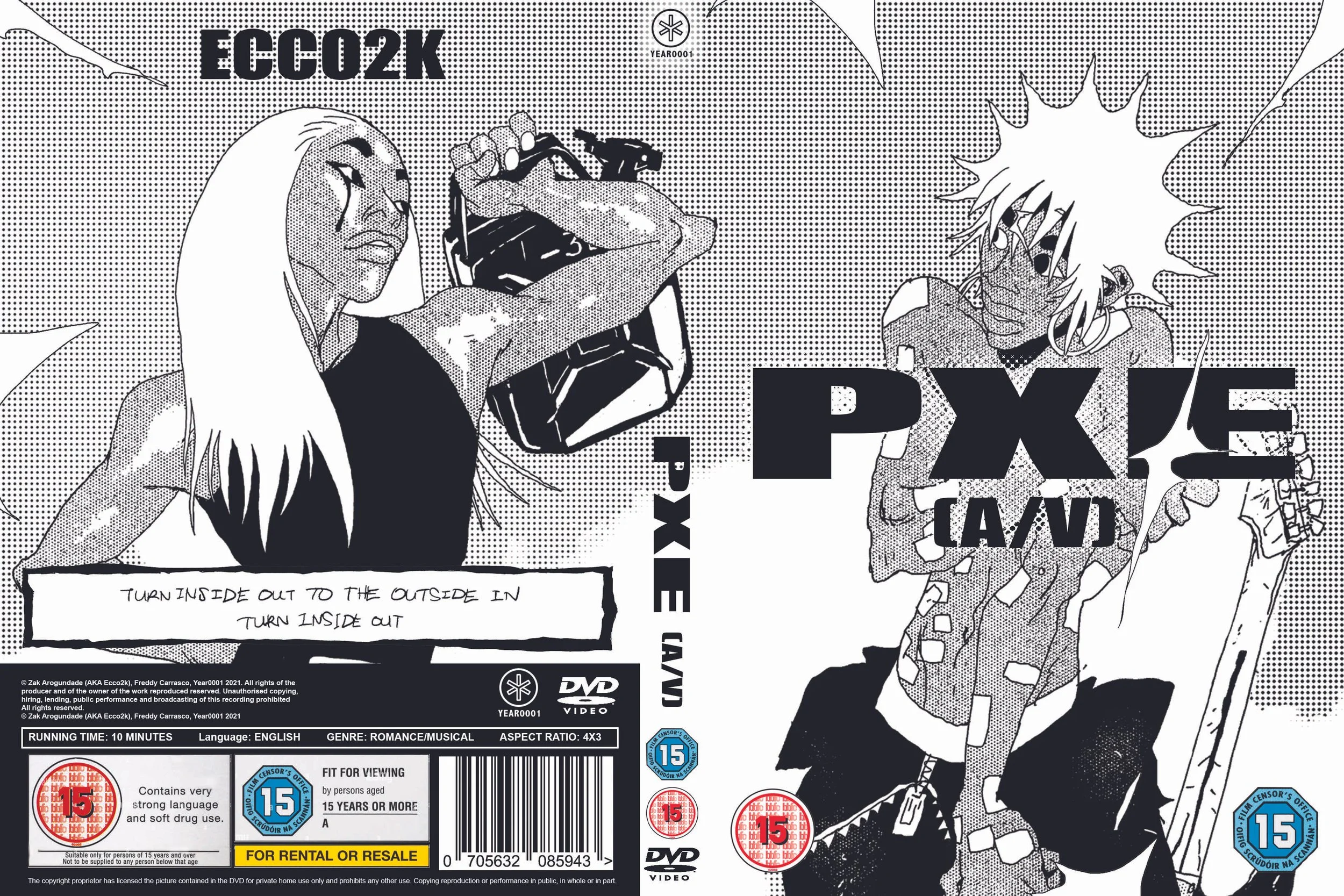 Black and white illustrated DVD cover for the movie 'P.X. The Paste' featuring a woman with long hair holding a camera and a young man with spiky hair. The background includes speech text 'Turn inside out to the outside in, turn inside out'. The cover includes various age restriction logos and a barcode.