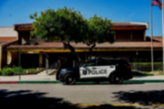 Police car parked in front of a building with a large tree, yellow tape cordoning off the area, and an American flag flying.