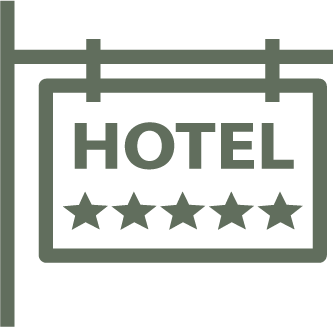 Black sign with the word 'HOTEL' and five stars, indicating a five-star hotel.