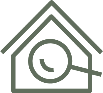 Line drawing of a house with a clock face inside.