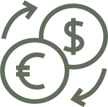 Illustration of currency exchange with Euro, US Dollar, and Bitcoin symbols connected by arrows.