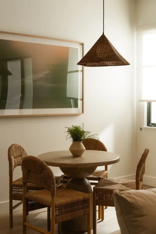 Dining area with a round wooden table, four wicker chairs, a potted plant in a beige vase, a large framed artwork, a wicker pendant light, and a window with sunlight.