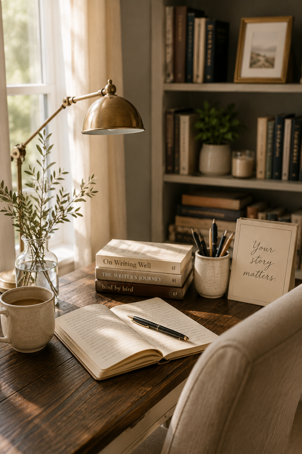 A cozy writing space with sunlight streaming through a window, featuring a wooden desk with an open notebook, a pen, a cup of coffee, a small potted plant, a stack of books, a framed quote, and a bookshelf in the background.