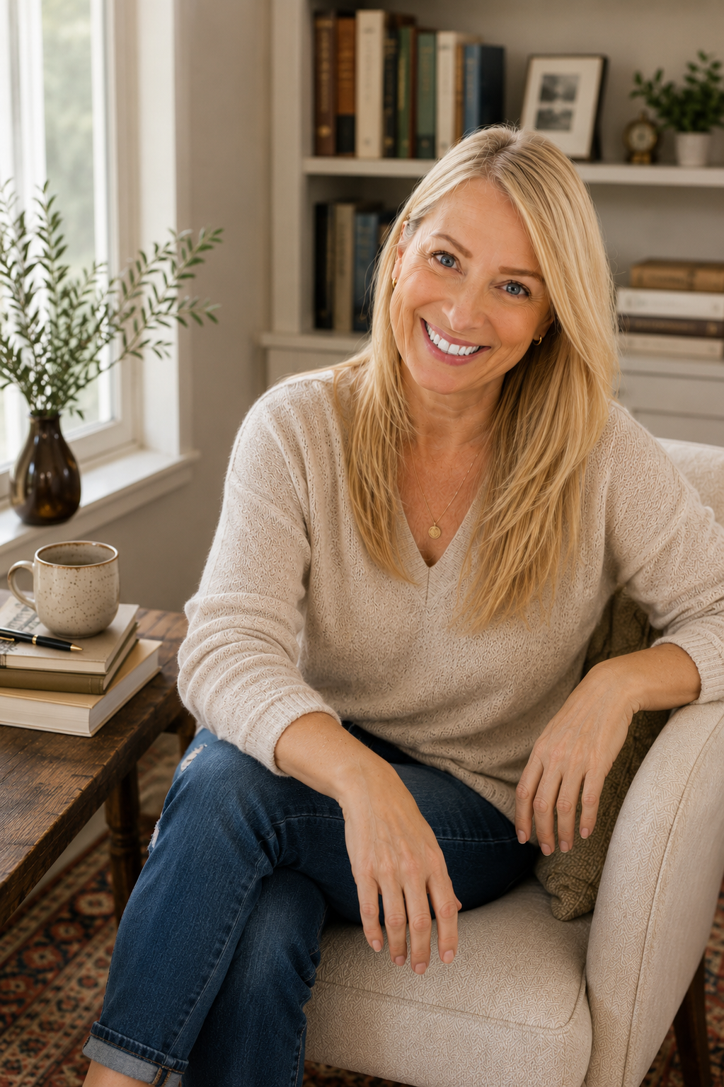 A smiling woman with blonde hair sitting on a beige armchair in a cozy room, next to a side table with a coffee mug, a pen, and books. There are bookshelves, framed pictures, and potted plants in the background.