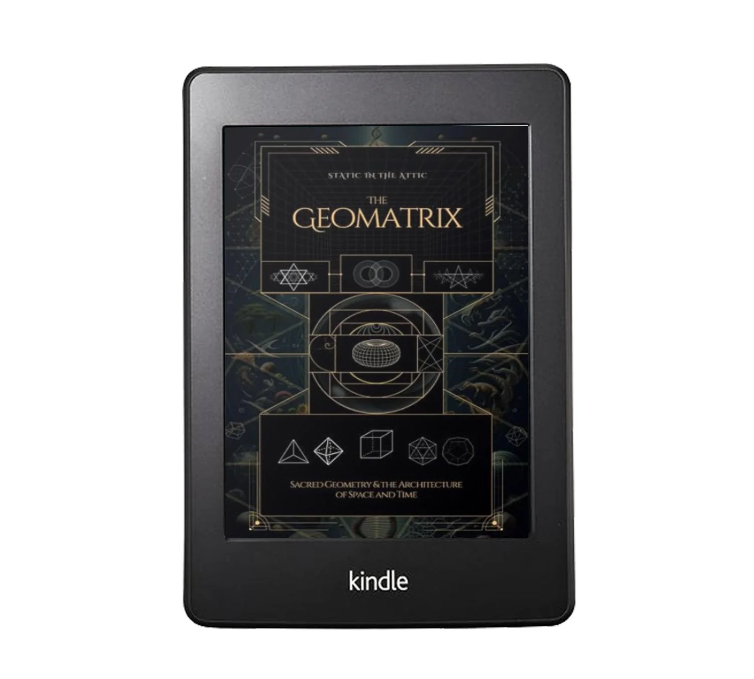 The Geomatrix published with the help of Englewrite Press, displayed on an Amazon Kindle e-reader with a dark geometric book cover.