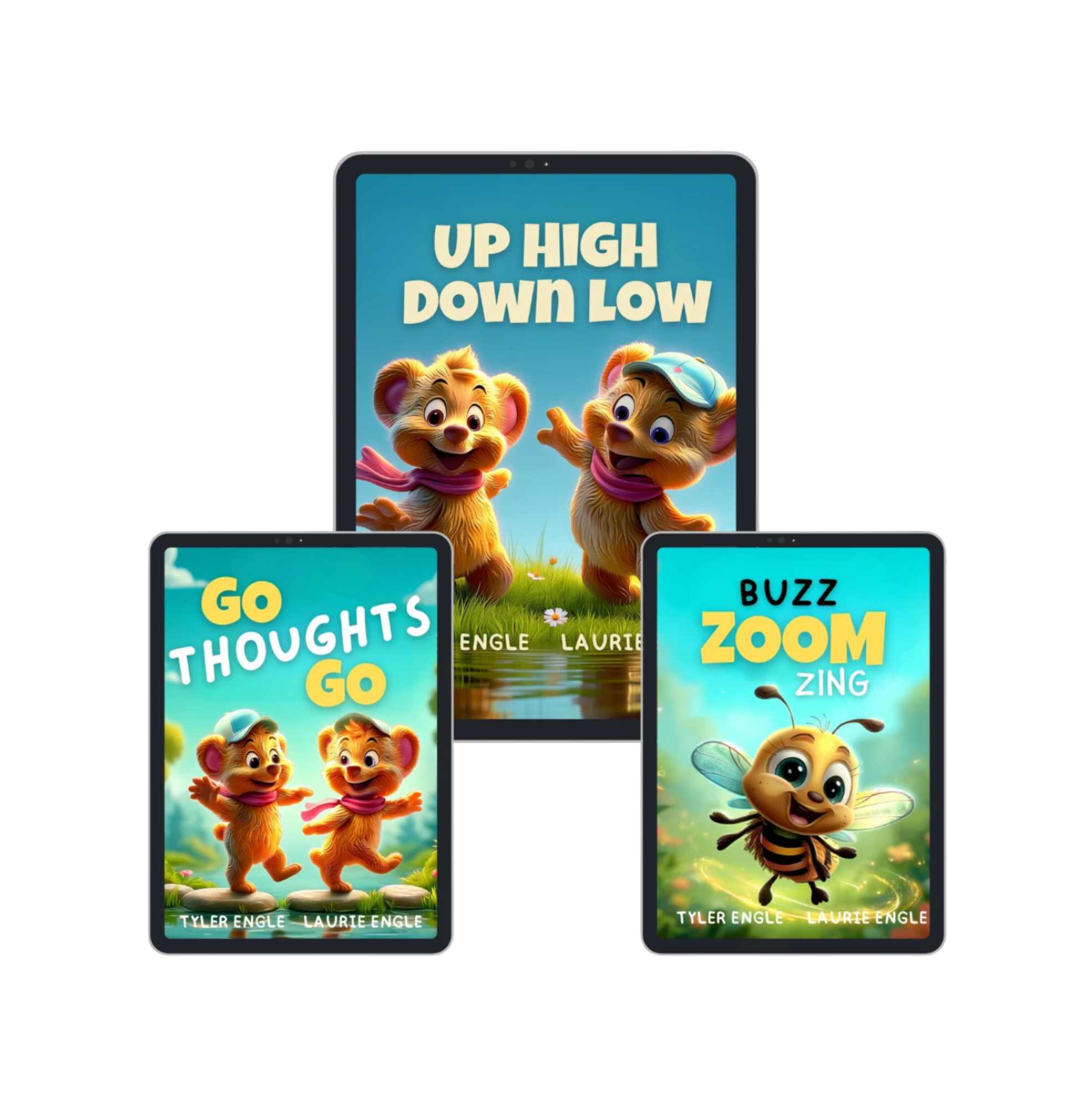Children’s books published with Englewrite Press, featuring colorful illustrated covers with a lion cub, bee, and other playful characters.