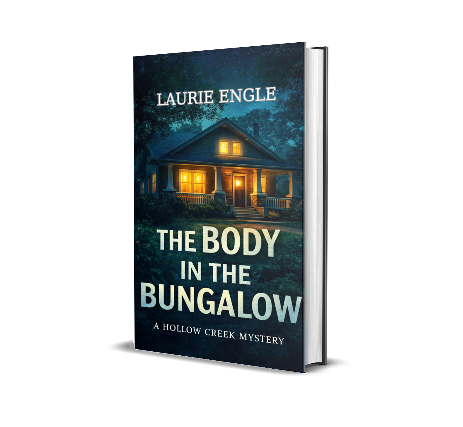The Body in the Bungalow mystery novel by Laurie Engle, featuring a bungalow illuminated at night surrounded by dark trees.
