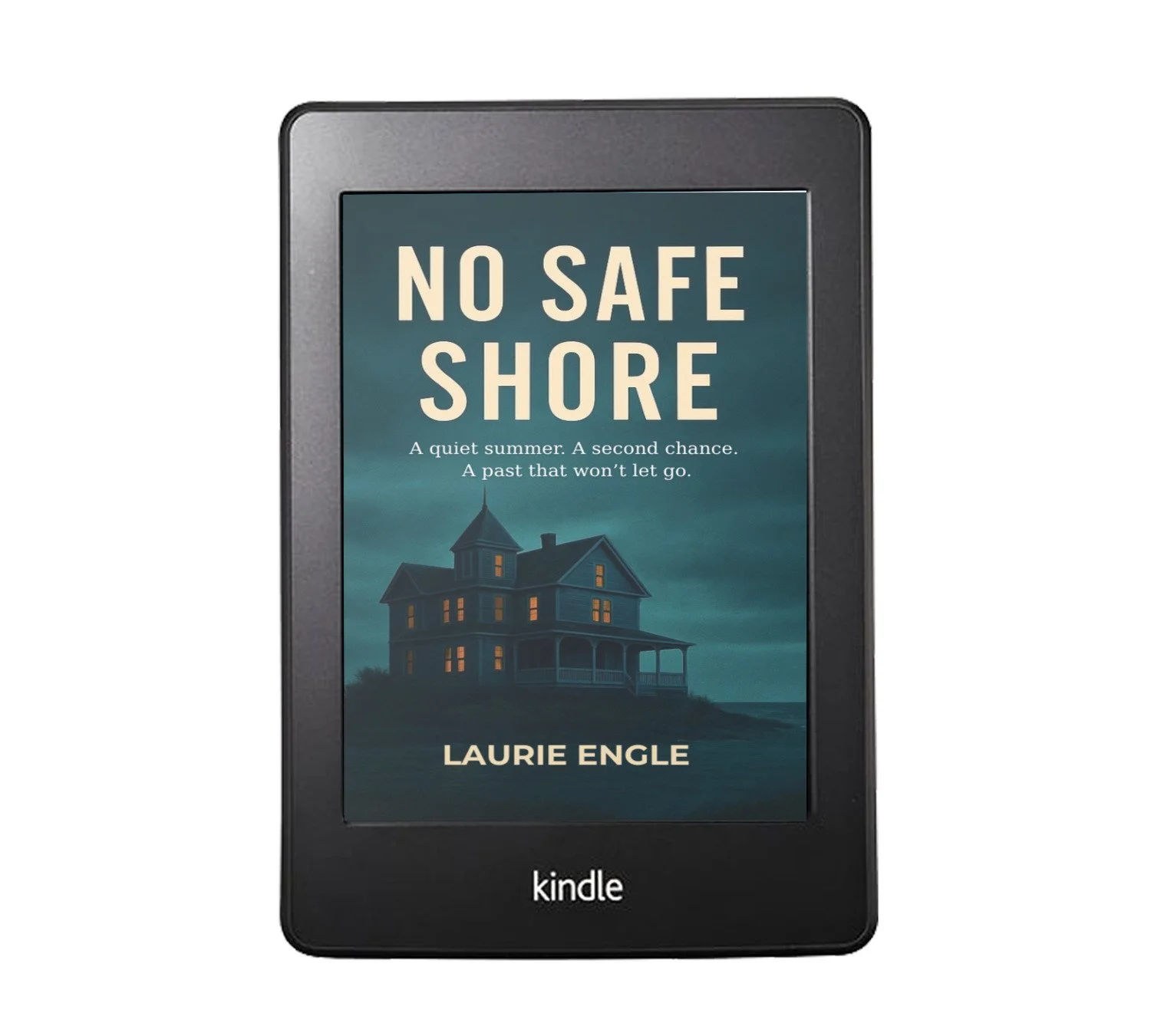 No Safe Shore thriller novel by Laurie Engle, featuring a large house on a hill beneath a dark, stormy sky.
