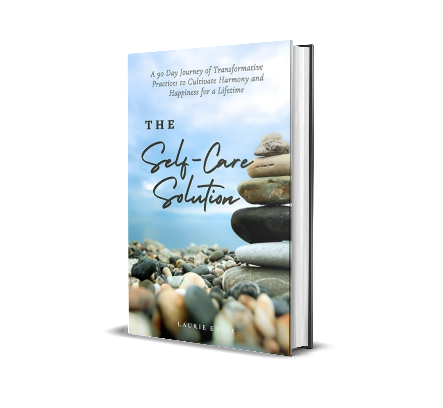 The Self-Care Solution by Laurie Engle, featuring stacked stones on a rocky beach beneath a blue sky.