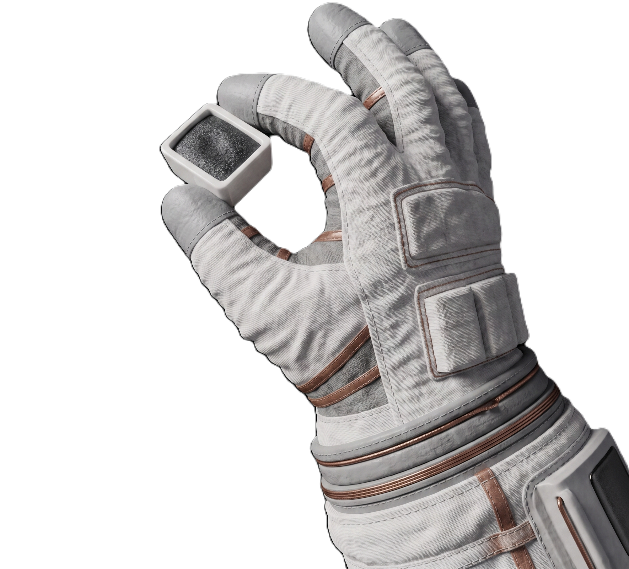 Close-up of a person's hand wearing a white and gray astronaut glove, holding a small square black object with a white frame against a black background.