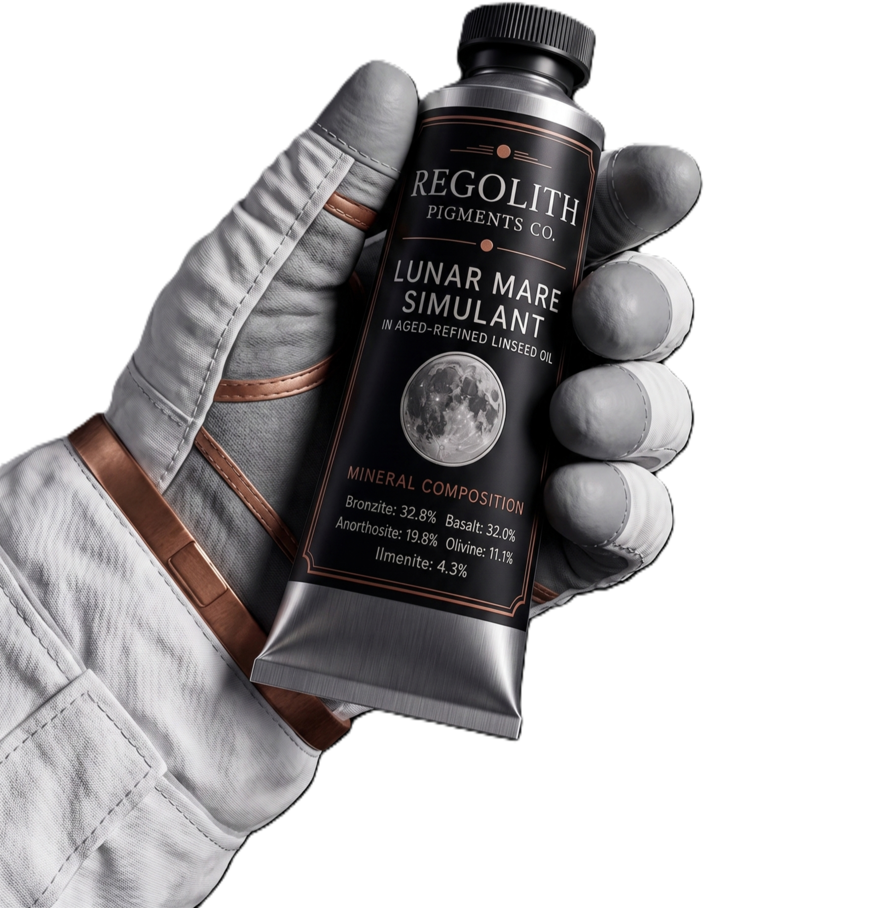 A hand in a white glove holding a bottle of cosmetic pigment, labeled 'Regolith Pigments Co.' with the product name 'Lunar Mare Simulant' and detailed mineral composition specifications.