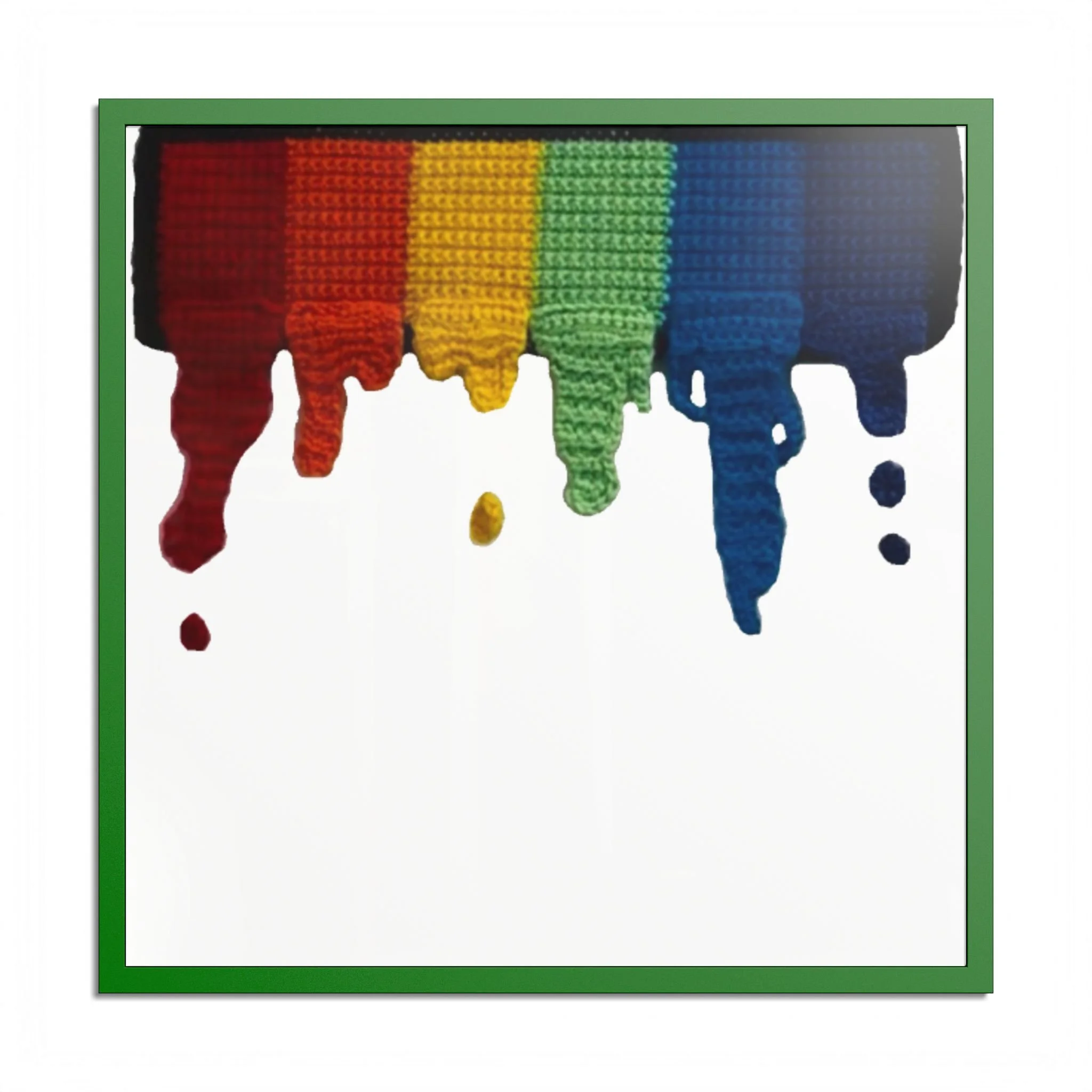 Colorful rainbow flag made of textured material, hanging within a green frame.