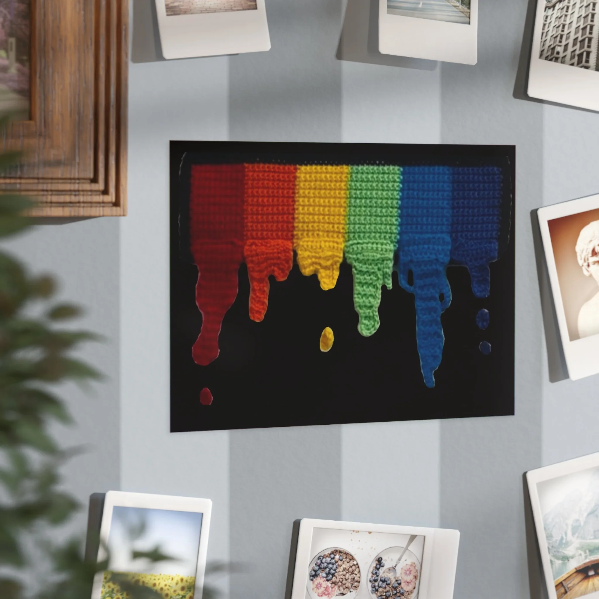 Dripping Rainbow Crochet Black Background Print