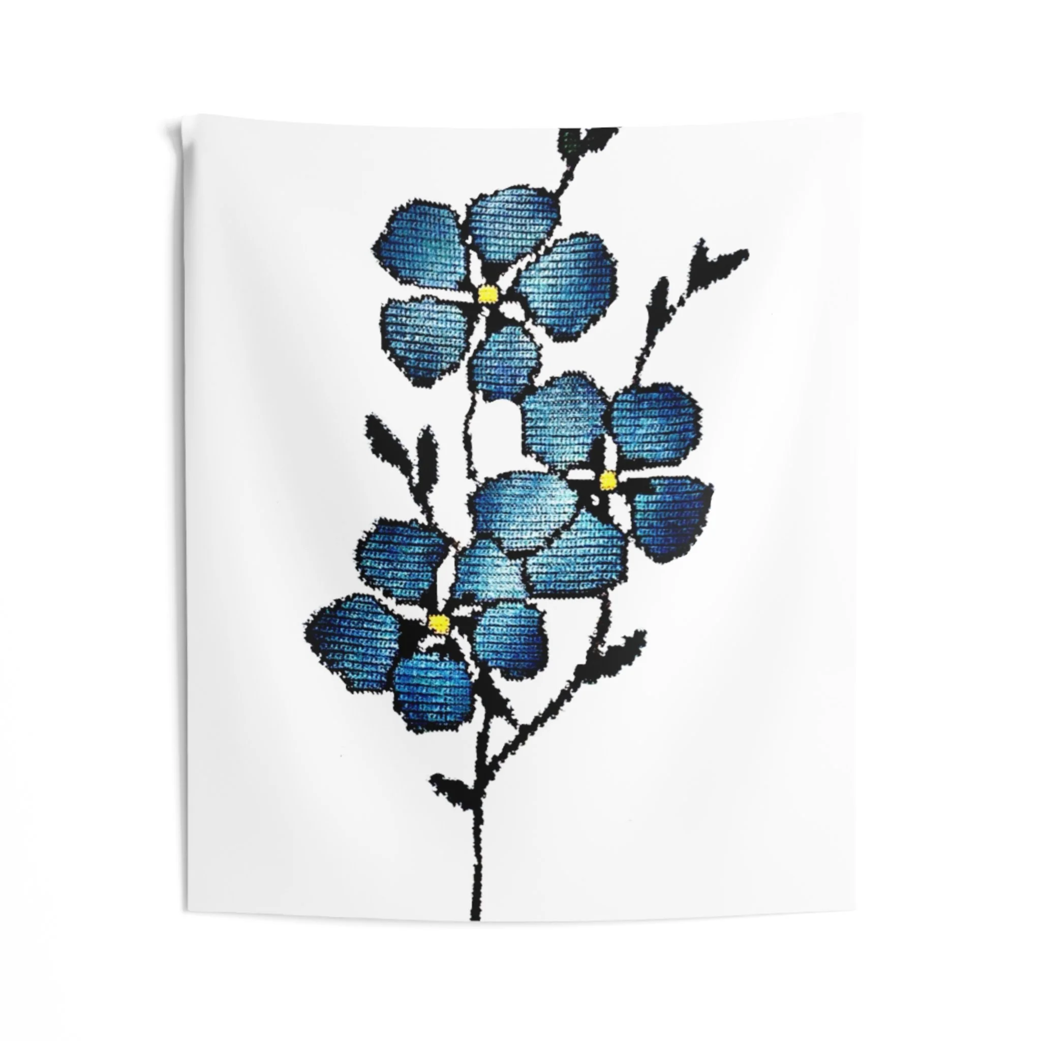 Illustration of a blue flower with five petals, yellow center, black outlines, and a black stem on a white background.