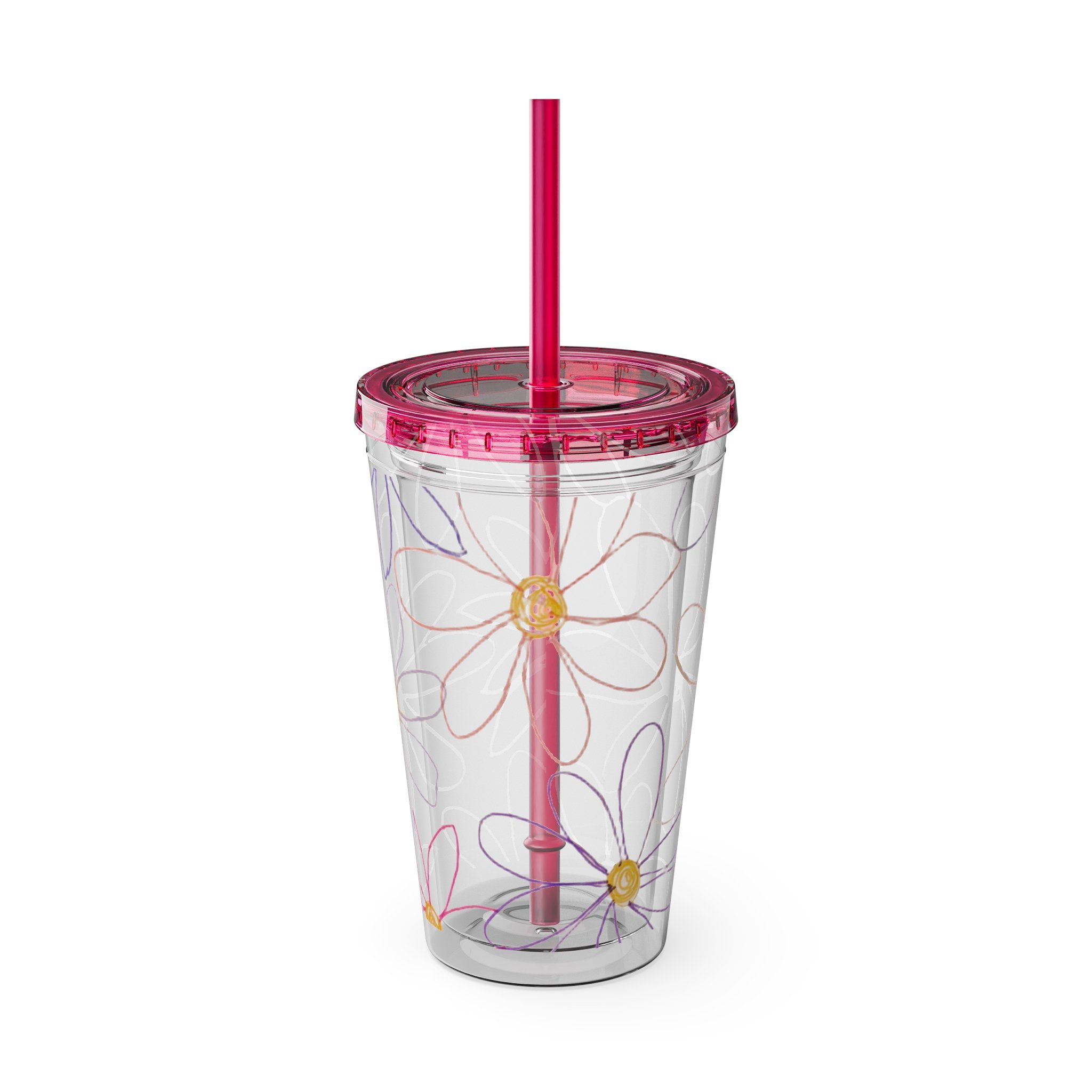 A pink and clear plastic cup with a pink straw inside, showing a flowers inside the cup.