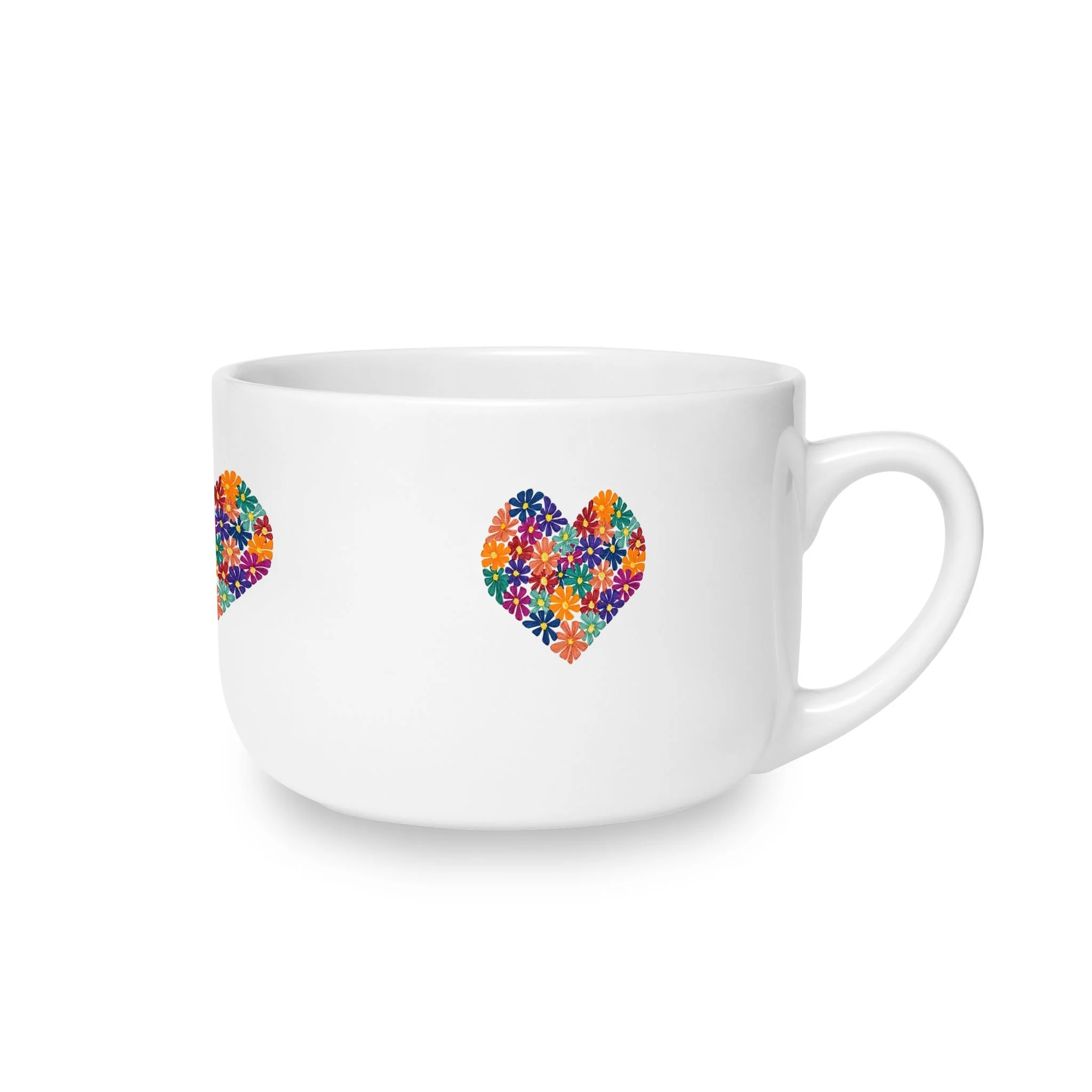 Heart of Flowers White Ceramic Latte Mug, 25oz