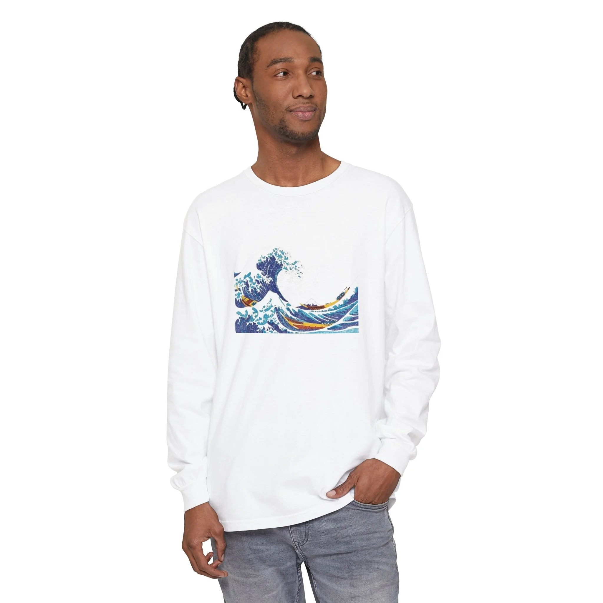 Stippled Great Wave Off Kanagawa Unisex Garment-dyed Long Sleeve T-Shirt
