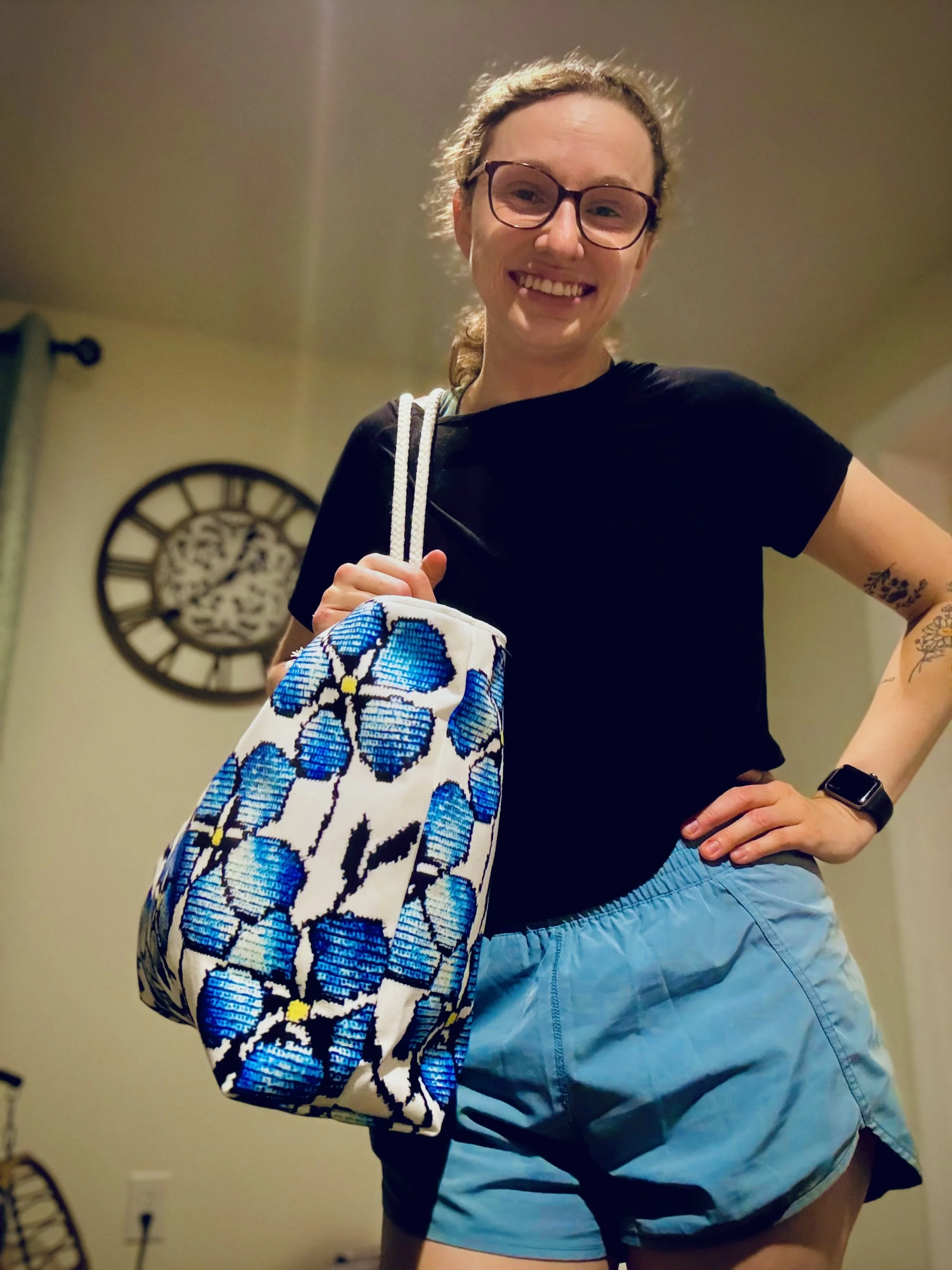 Blue Floral Weekender Bag – Embroidered Forget-Me-Not Tote for Travel & Beach