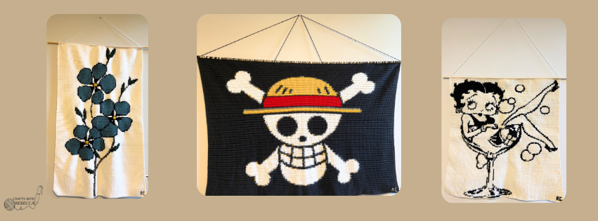 Three handwoven wall hangings featuring a plant, a skull and crossbones with a straw hat, and a girl in a champagne glass.