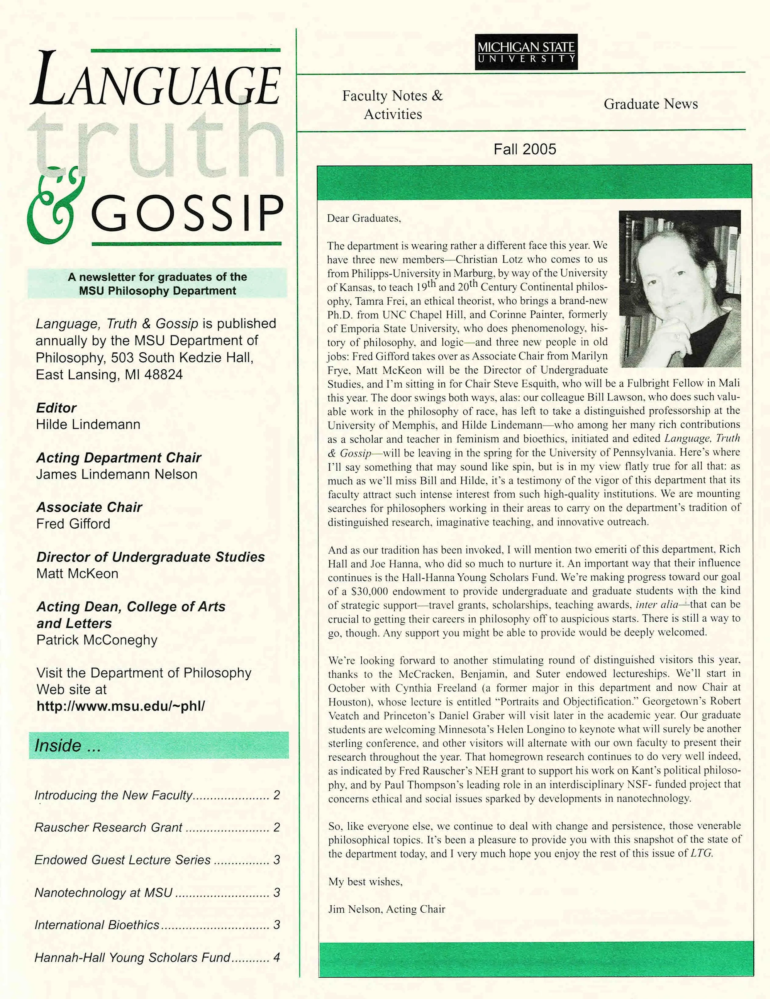 Newsletter page from Michigan State University Department of Philosophy, titled 'Language, Truth & Gossip', Fall 2005 edition. Contains an editor's note, faculty notes, and information about department activities and staff.