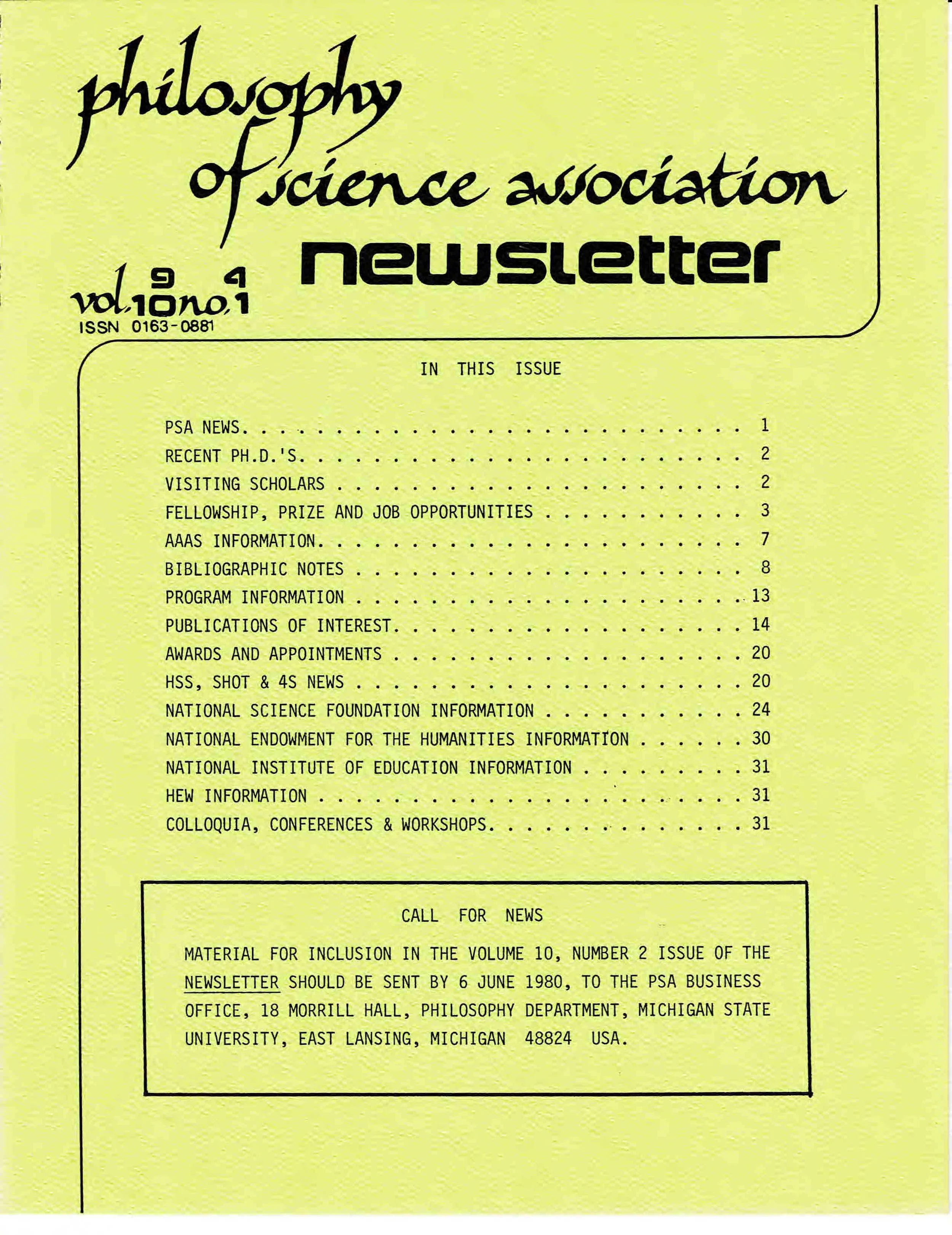 Cover PSA Newsletter, Vol. 10 No. 1 with table of contents with page numbers