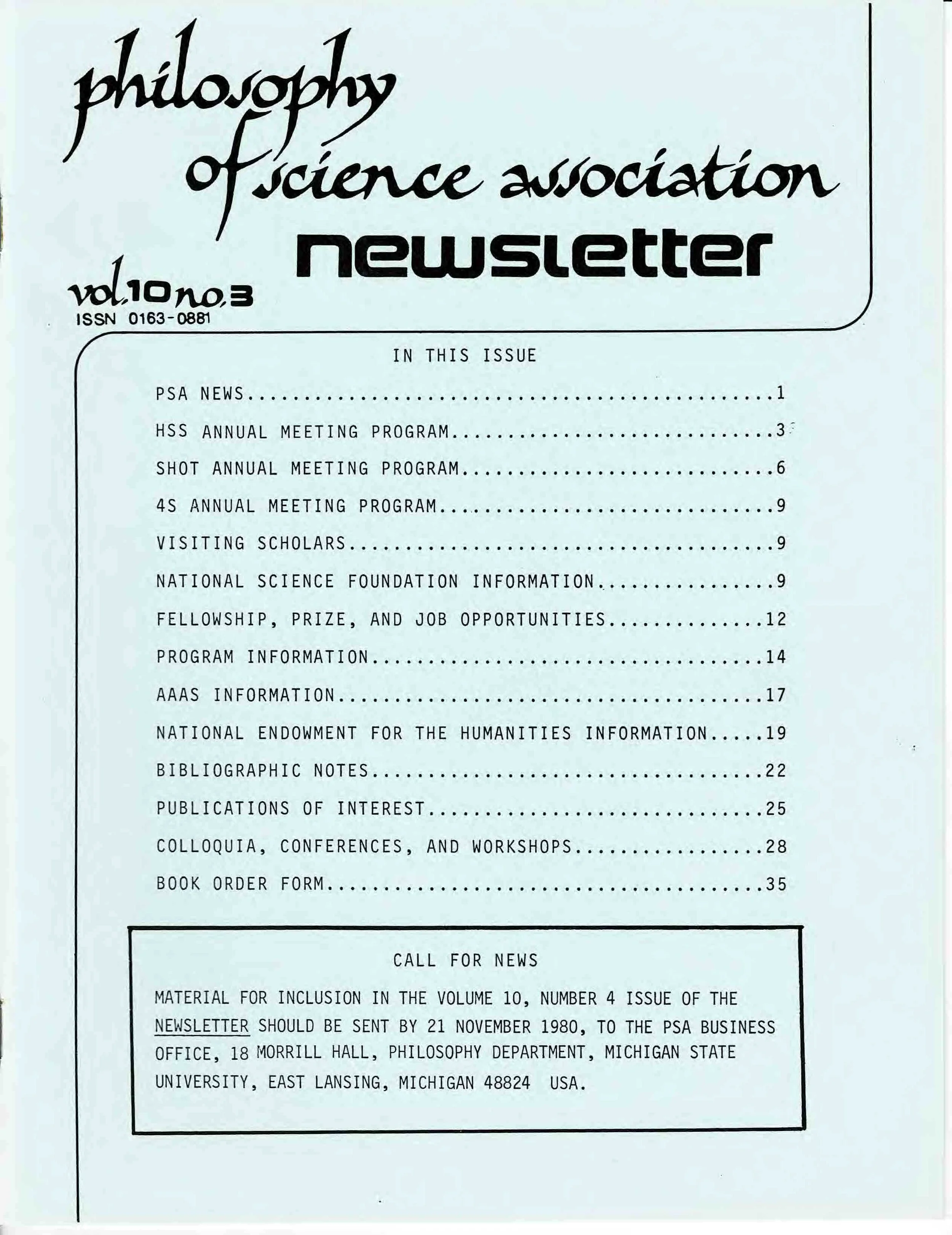 Cover PSA Newsletter Vol.10 No.3 with table of contents and page numbers.