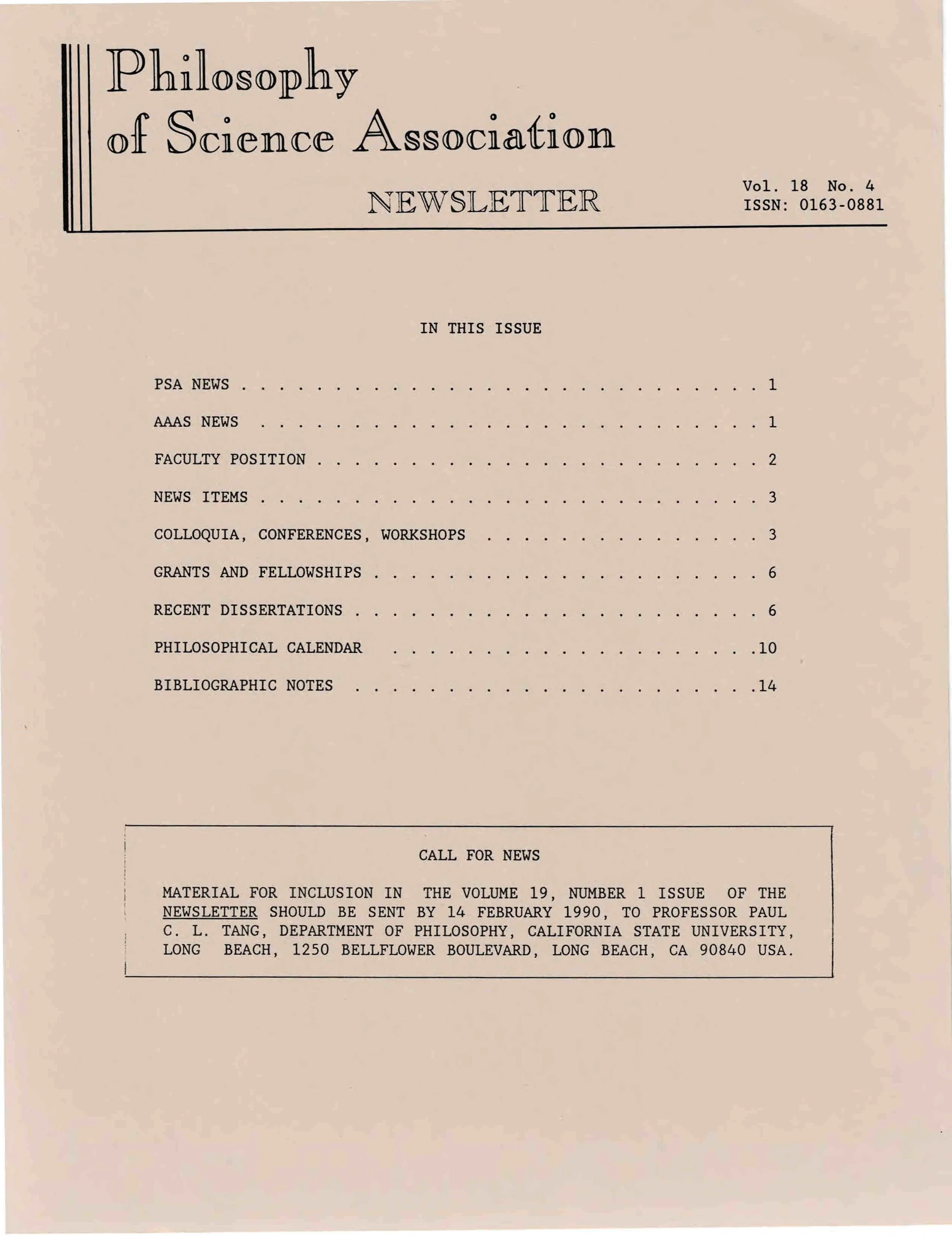 Cover PSA Newsletter Vol.18 No.4 with table of contents and page numbers