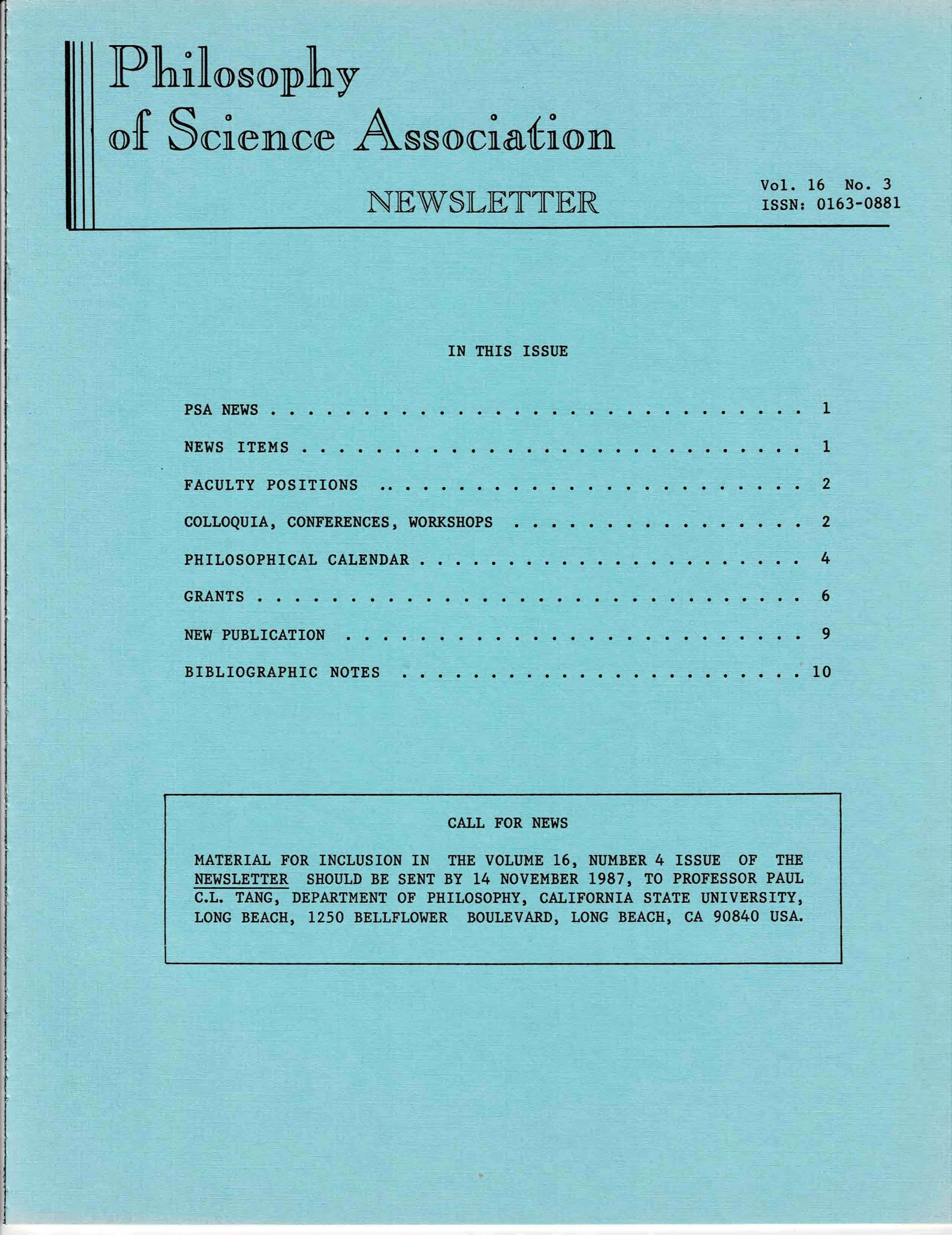 Cover PSA Newsletter Vol.16 No.3 with table of contents and page numbers