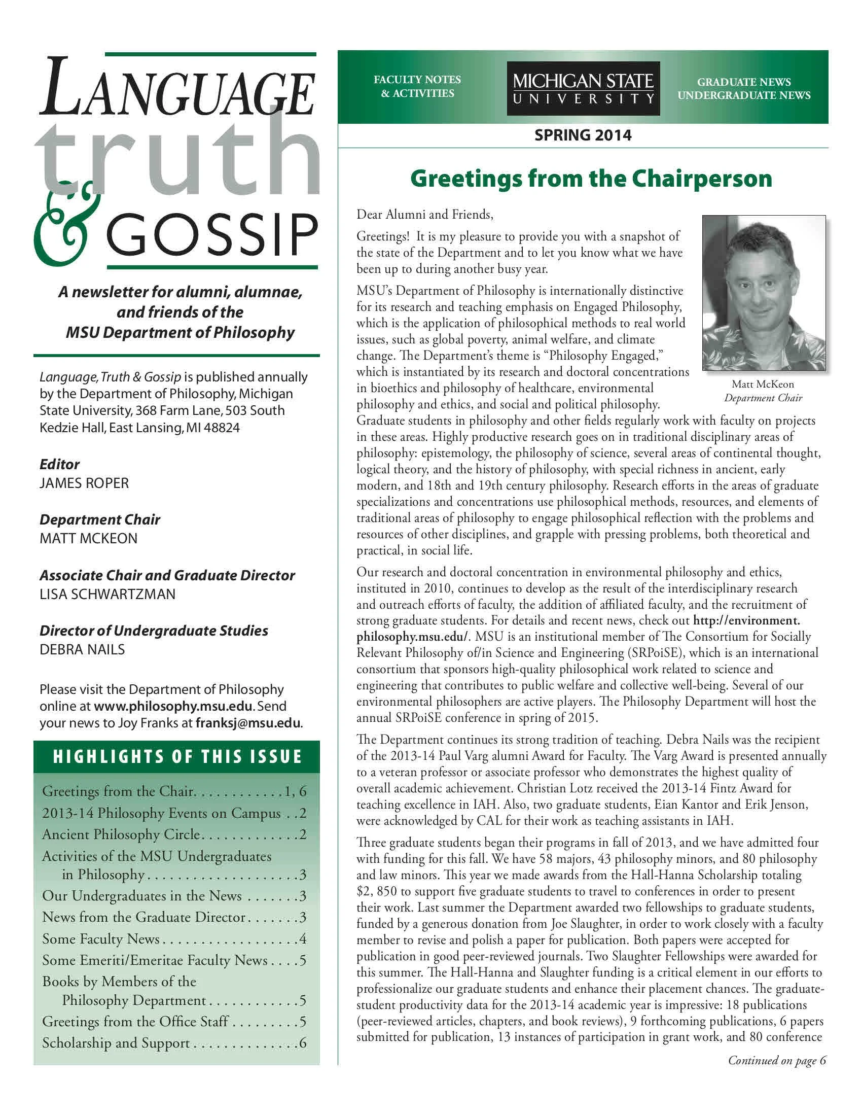 2014 Spring MSU Phiosophy Department Newsletter titled 'Language, Truth & Gossip.'