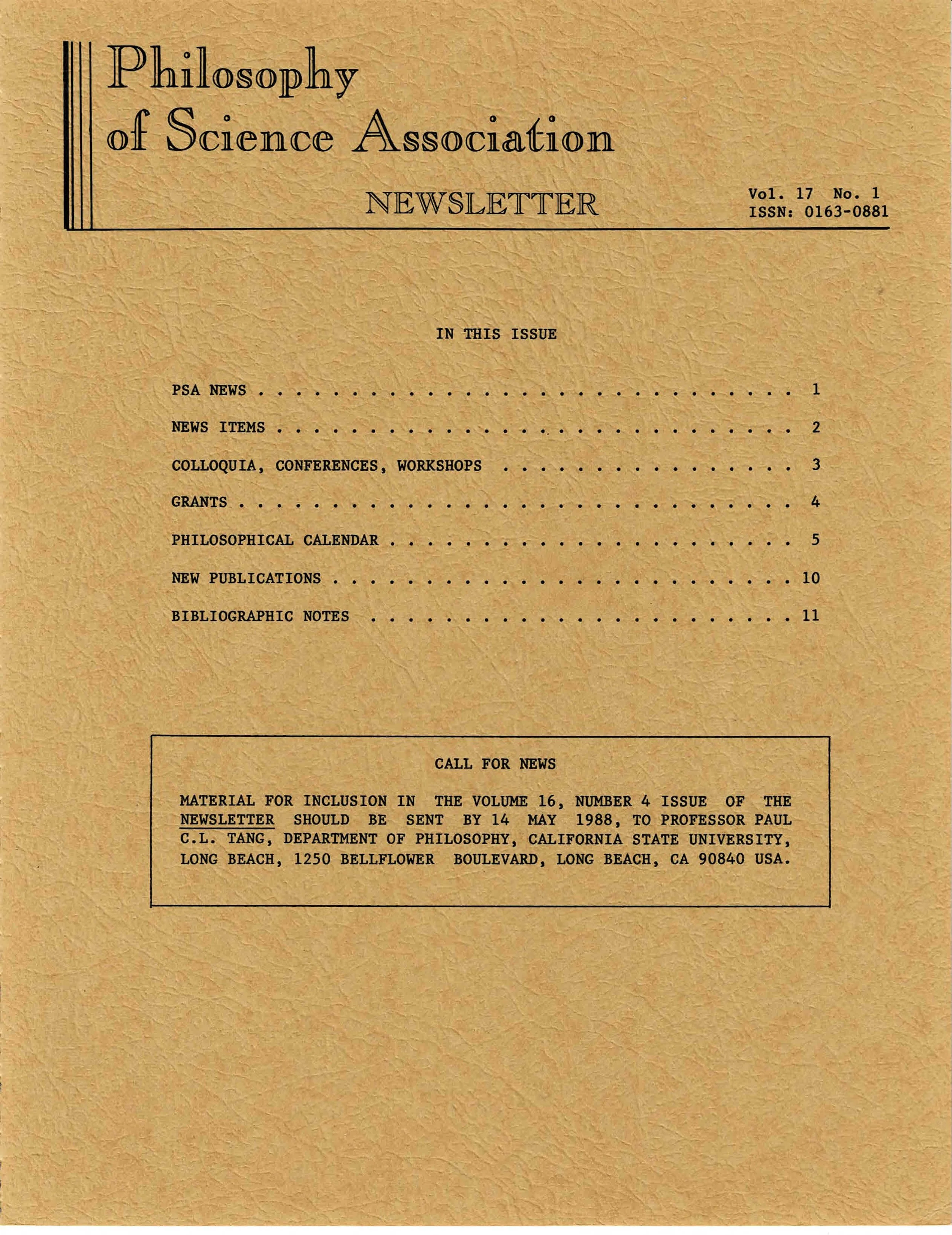 Cover PSA Newsletter Vol.17 No.1 with table of contents and page numbers