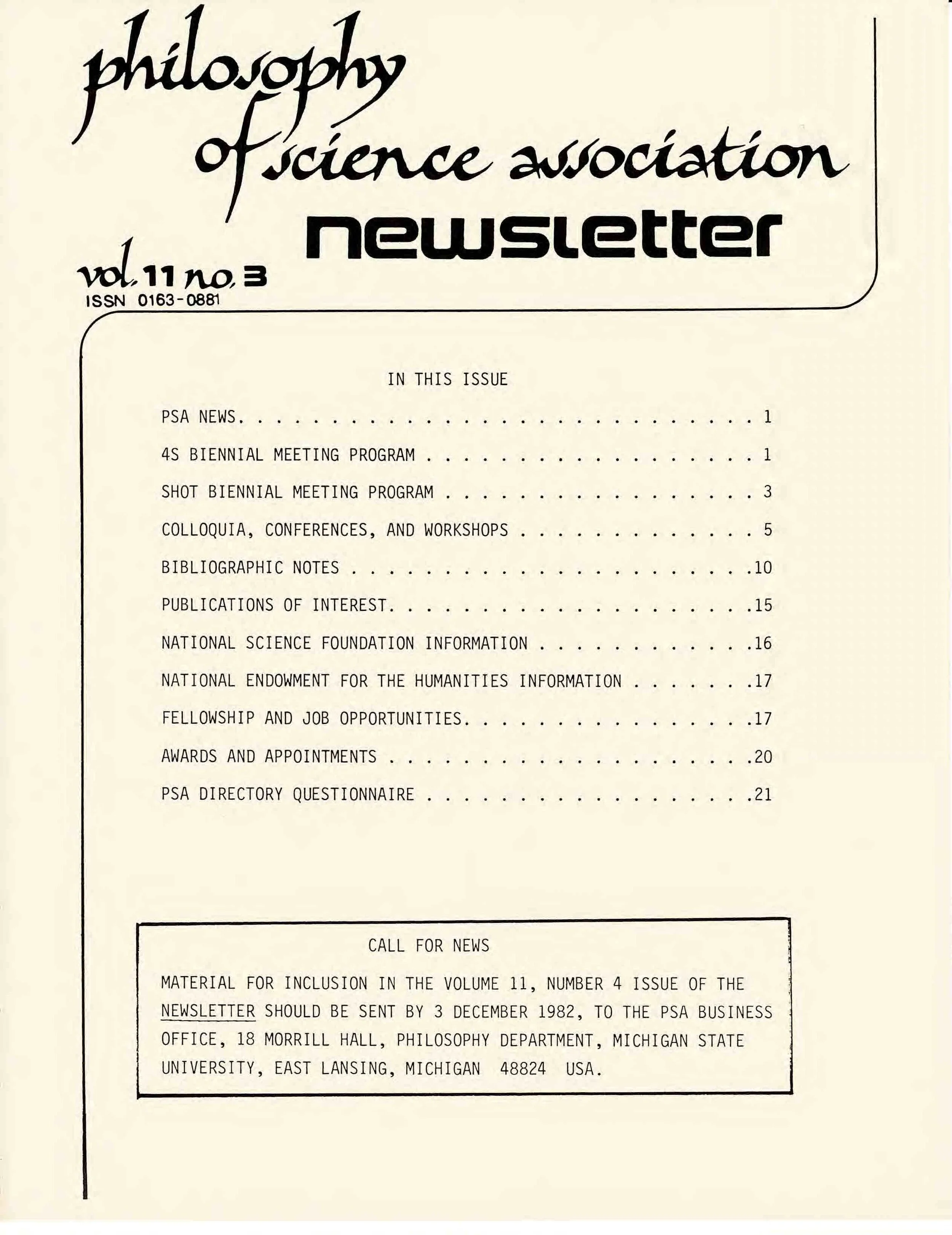 Front page of a newsletter titled 'Philosophy of Science Association Newsletter,' Volume 11, Number 3, from 1982, listing contents and a call for news related to philosophy of science.