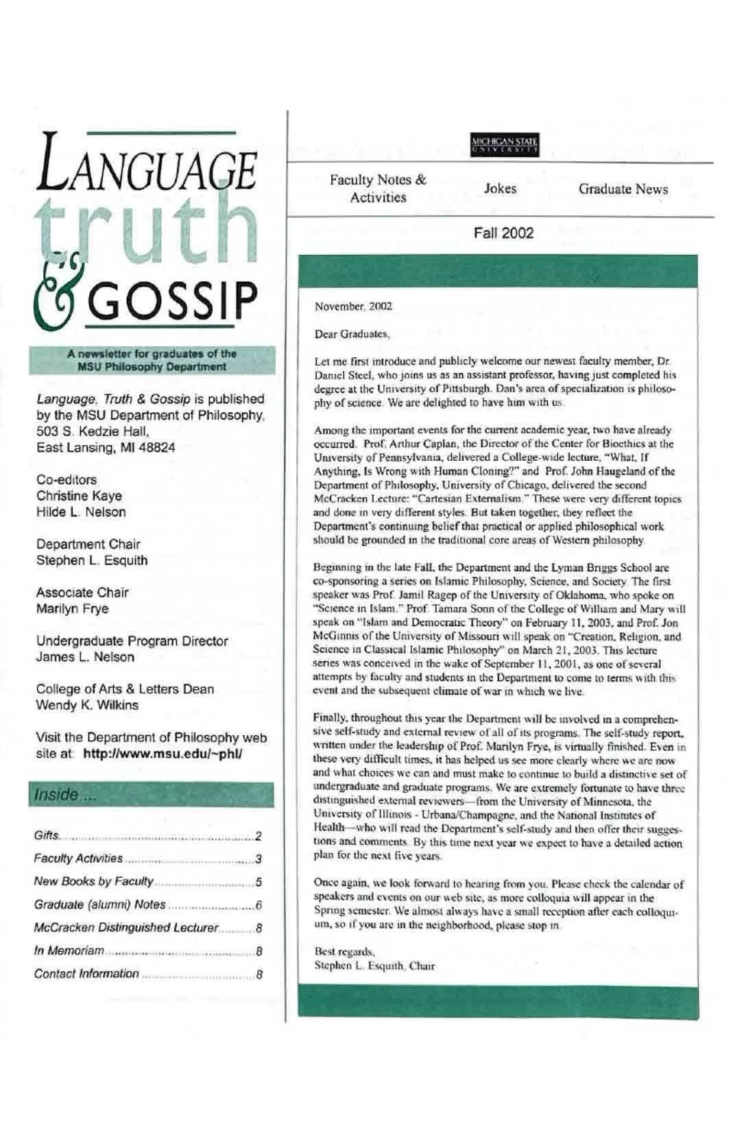 2002 Fall MSU Philosophy Department Newletter "Language, Truth and Gossip."