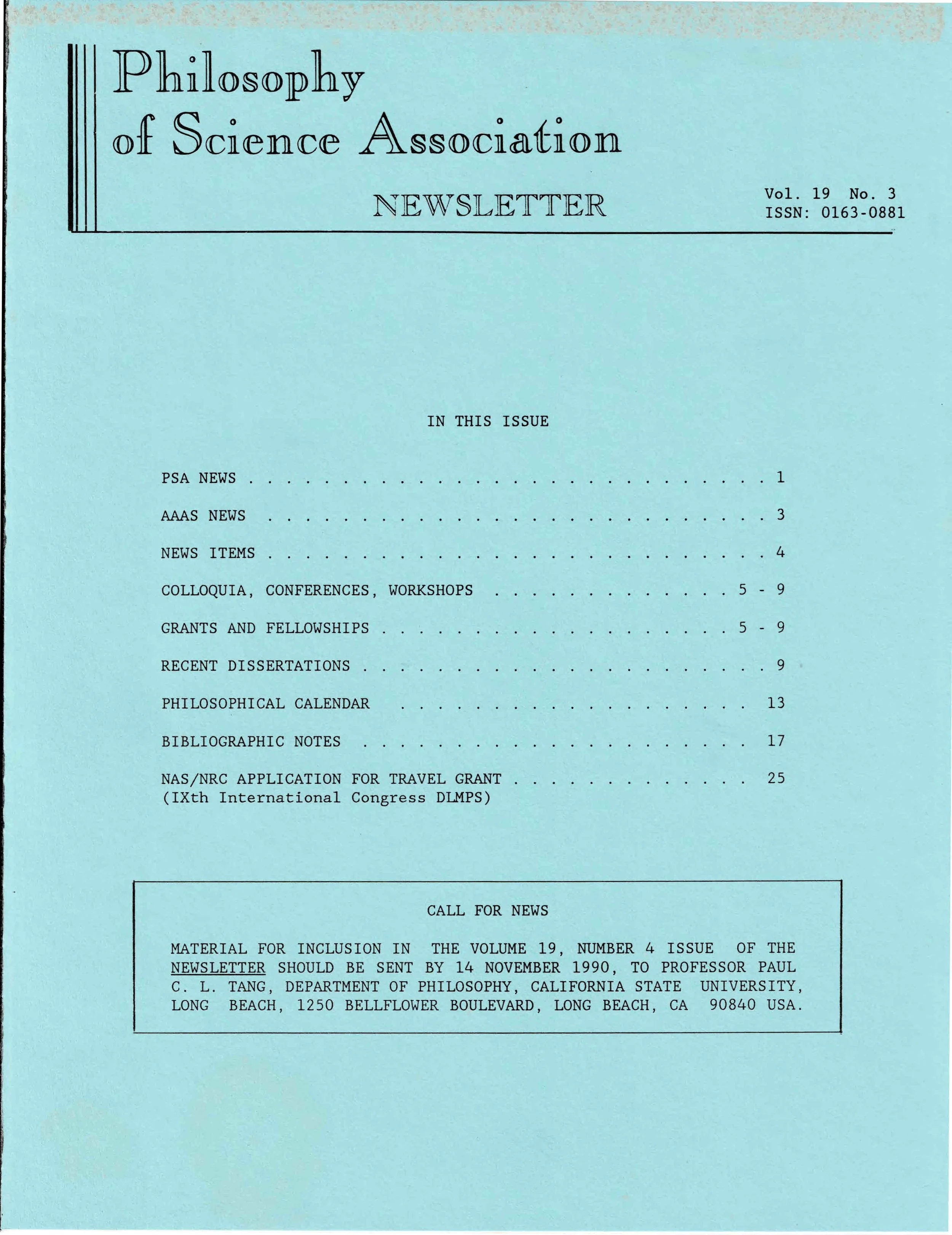 Cover PSA Newsletter Vol.19 No.3 with table of contents and pages