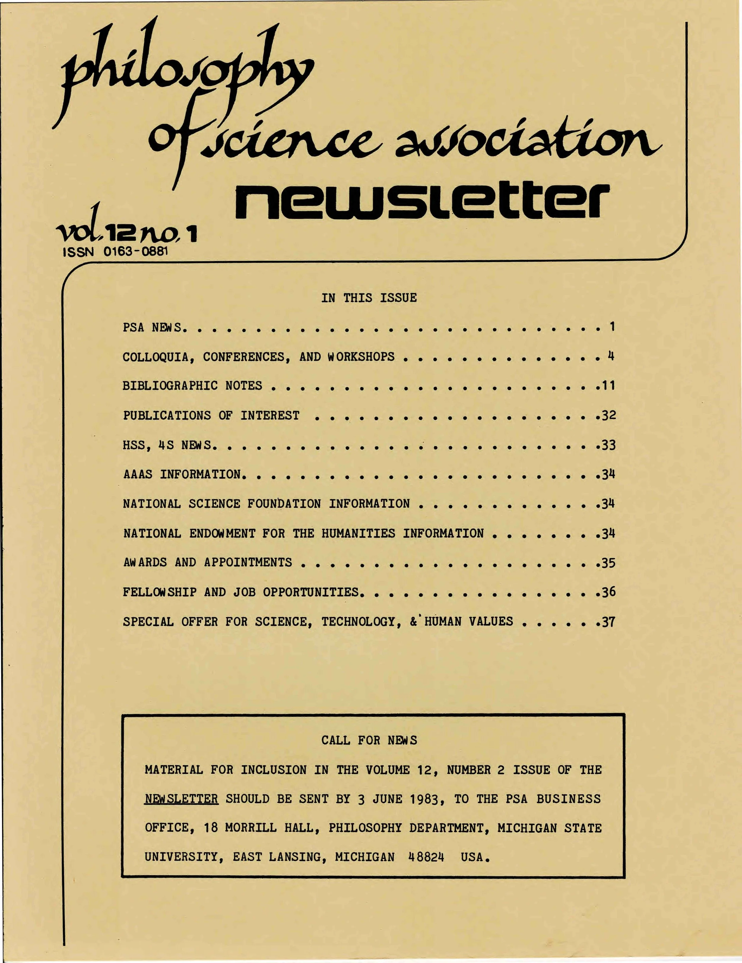 Cover page of a newsletter titled "Philosophy of Science Association Newsletter" for volume 12, no 1, dated June 1983. The page includes a table of contents with sections on PSA news, conferences, bibliographic notes, publications, and various announcements. It also contains a call for news, material for inclusion in the next issue, and mailing address details for sending submissions.