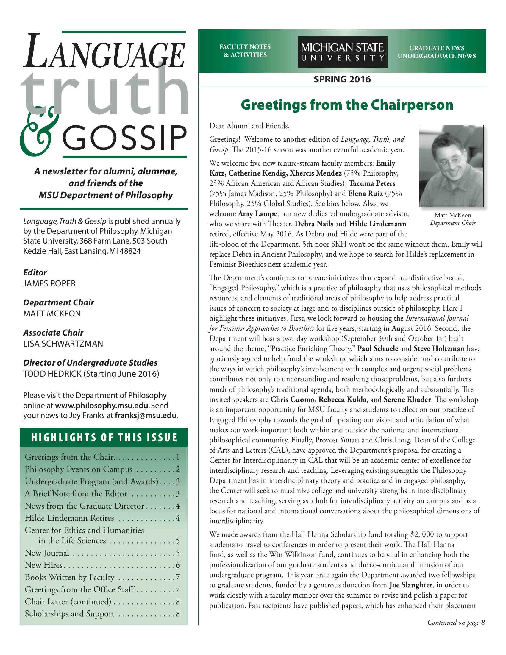 2016 Spring MSU Philosophy Department Newsletter titled "Language, Truth, and Gossip."