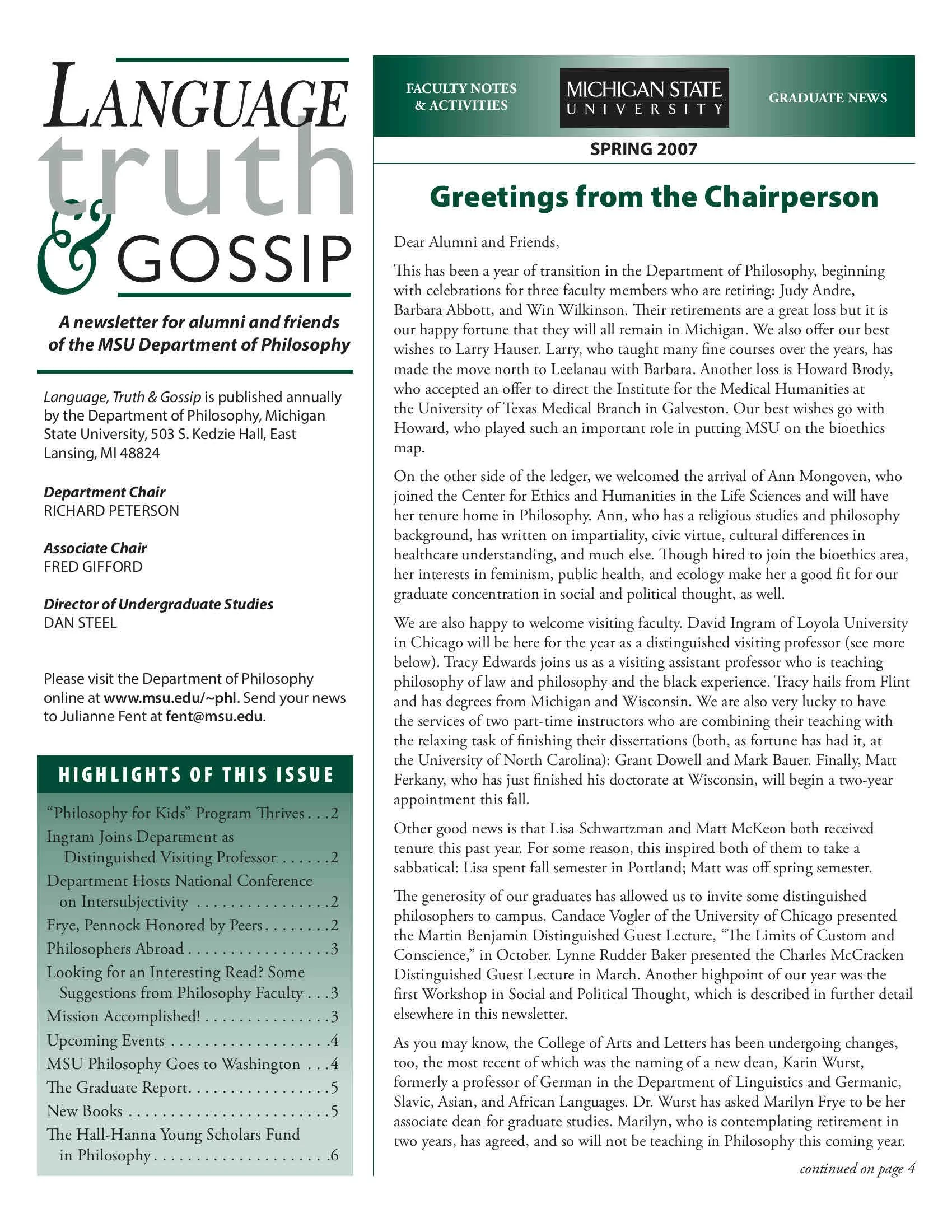 2007 Spring MSU Philosophy Department Newsletter titled 'Language, Truth & Gossip.'