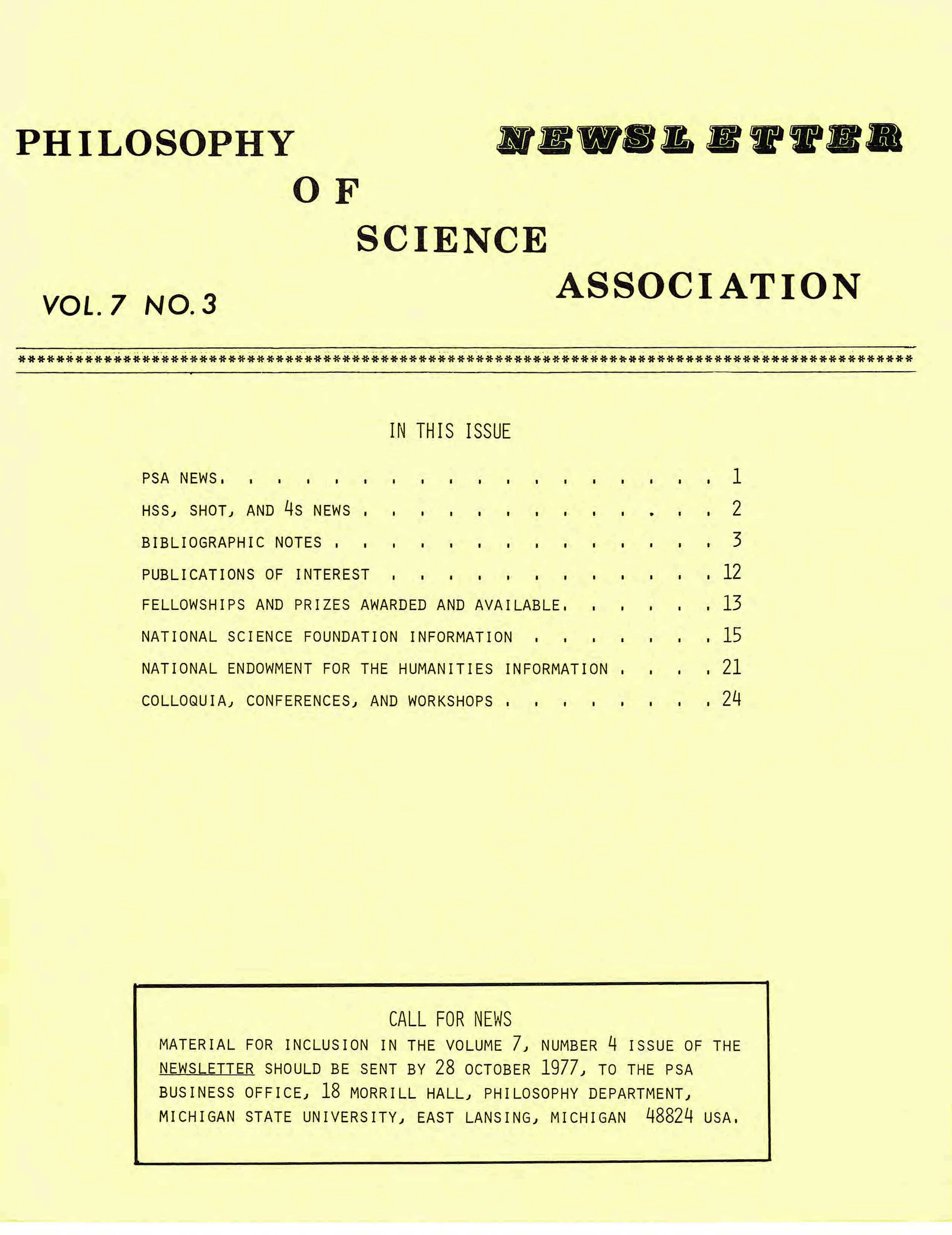 Cover PSA Newsletter Vol. 7 No. 3, with table of contents and page numbers