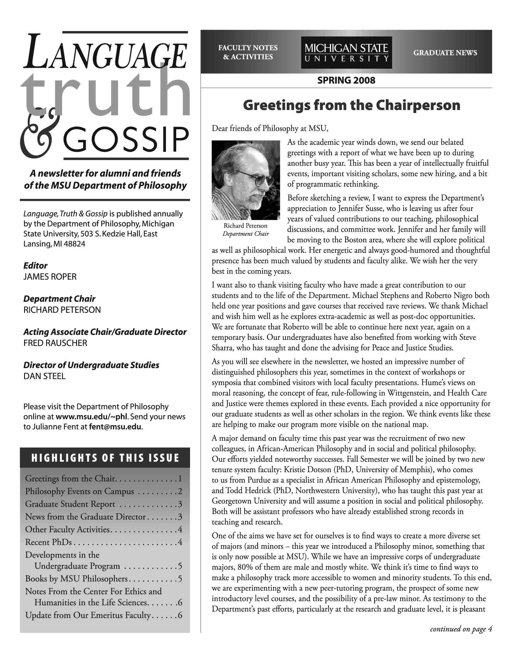 2008 Spring MSU Philosophy Department Newsletter titled 'Language, Truth & Gossip.'