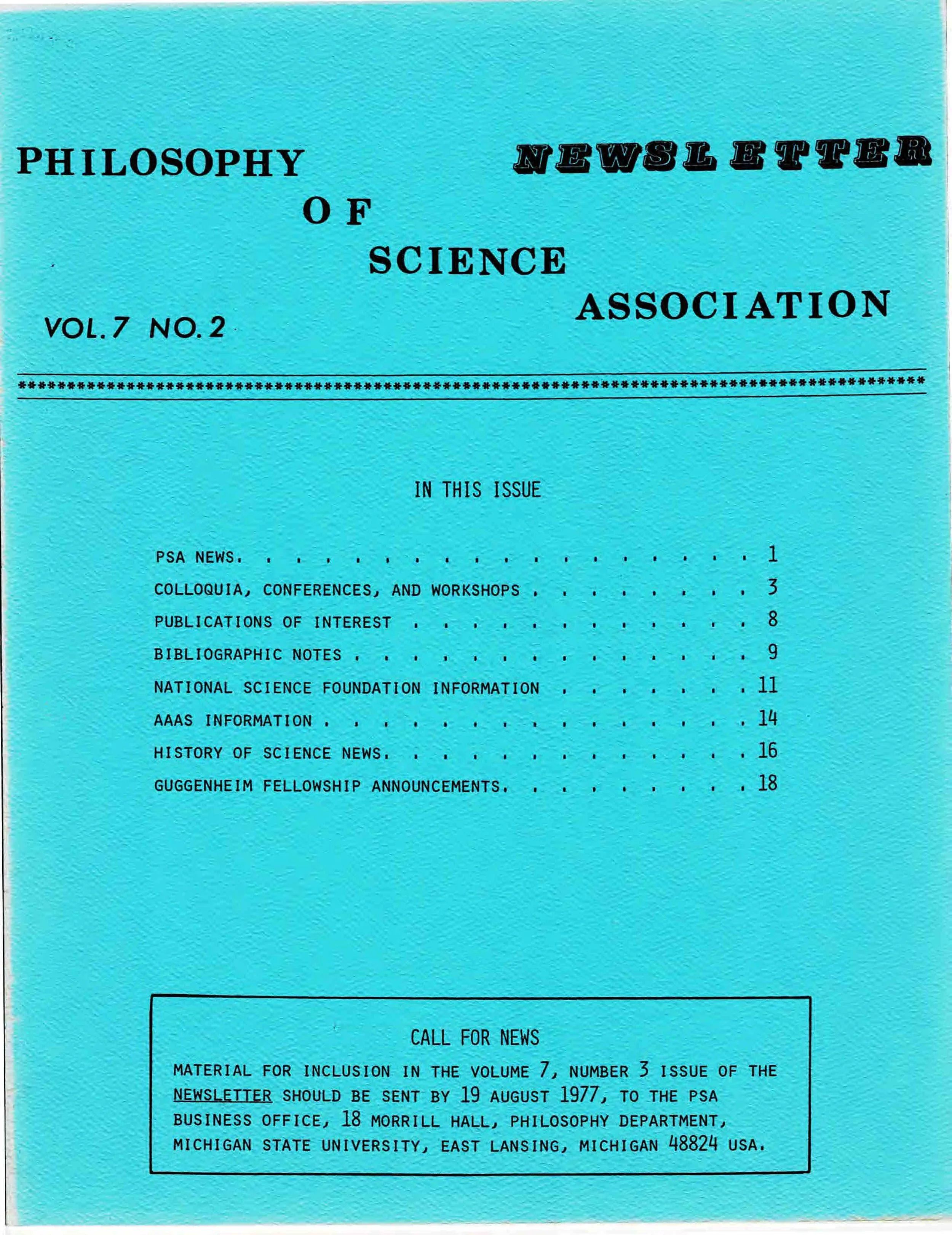 Cover PSA Newsletter Newsletter, Vol. 7 No. 2' with table of contents and page numbers