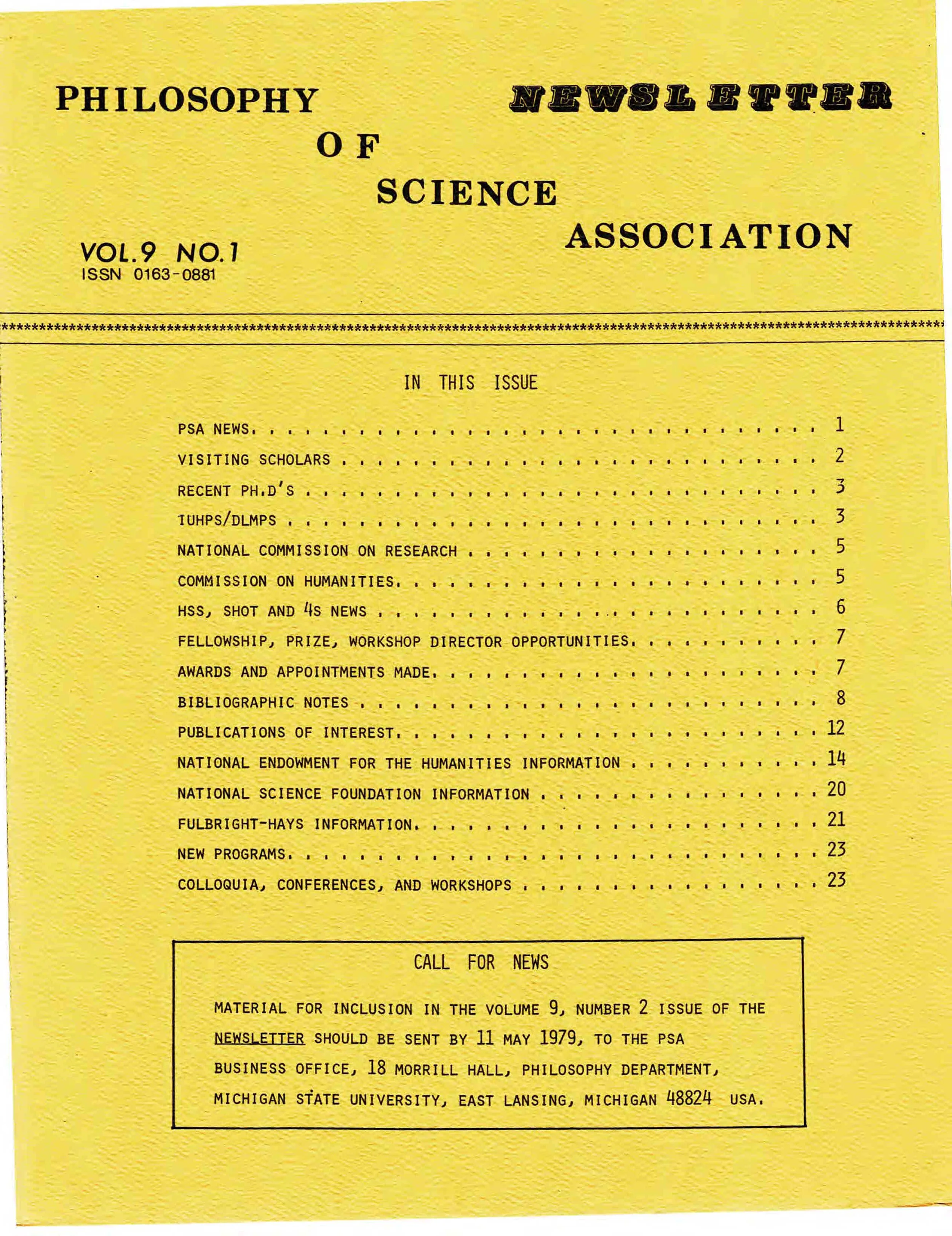 PSA Newsletter Vol.9 No.1 with table of contents and page numbers.