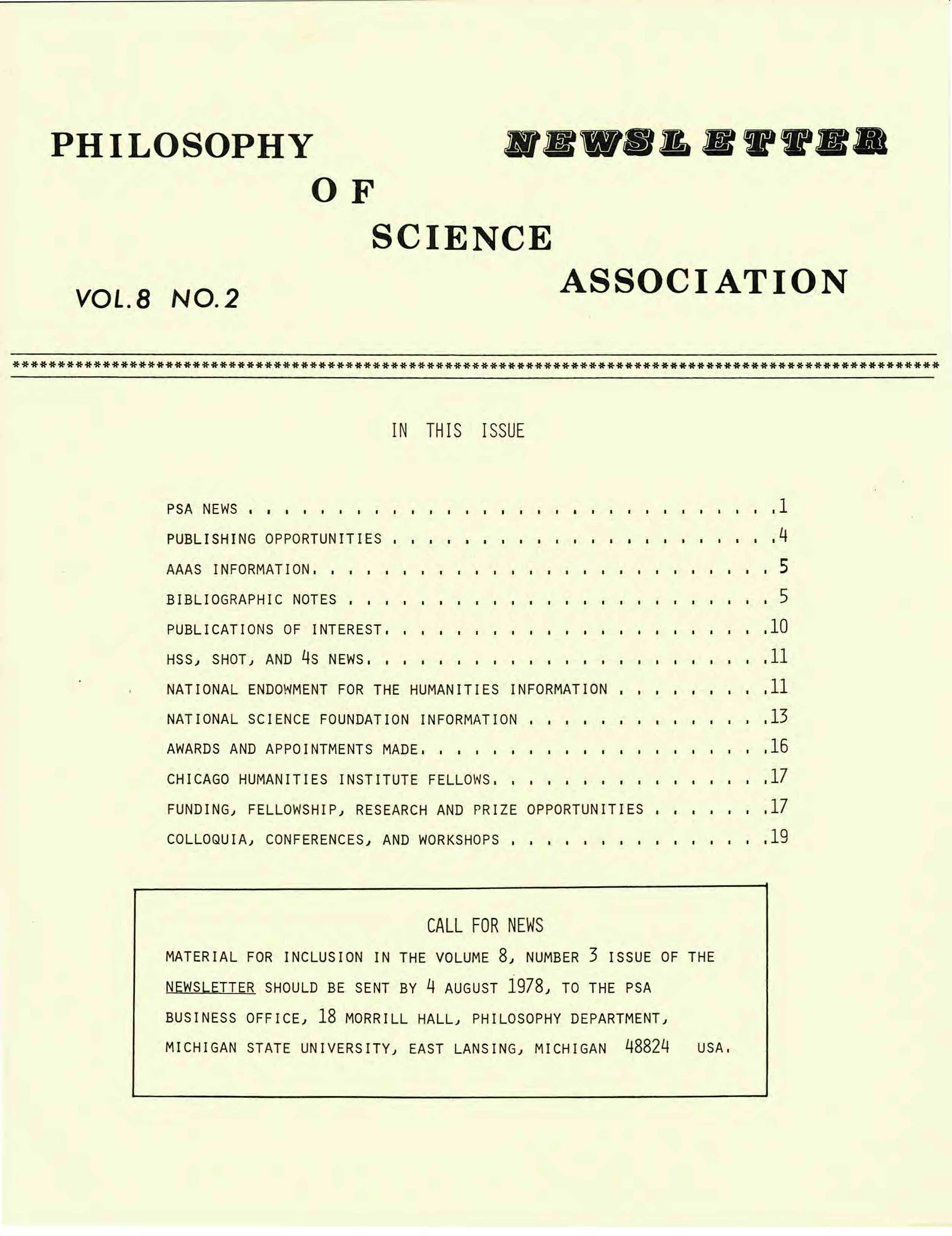 Cover PSA Newsletter, Vol. 8, No. 2, with table of contents and page numbers